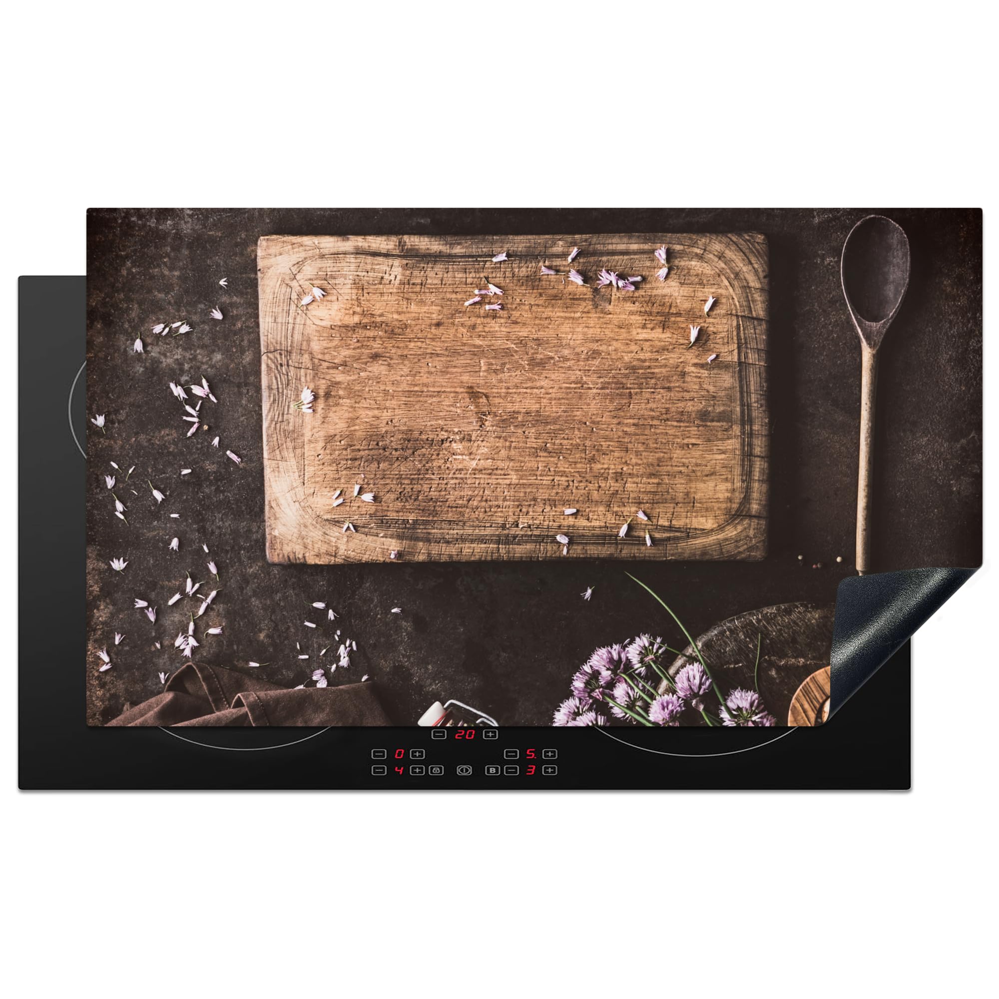 KitchenYeah© Induction Hob Protector Mat 20.5"x35.4" / 90x52 cm Cooker Top Protectors Cover Ceramic Covers Electric Hobs Vinyl Cutting Board - Spices - Spoon - Kitchen - Rustic