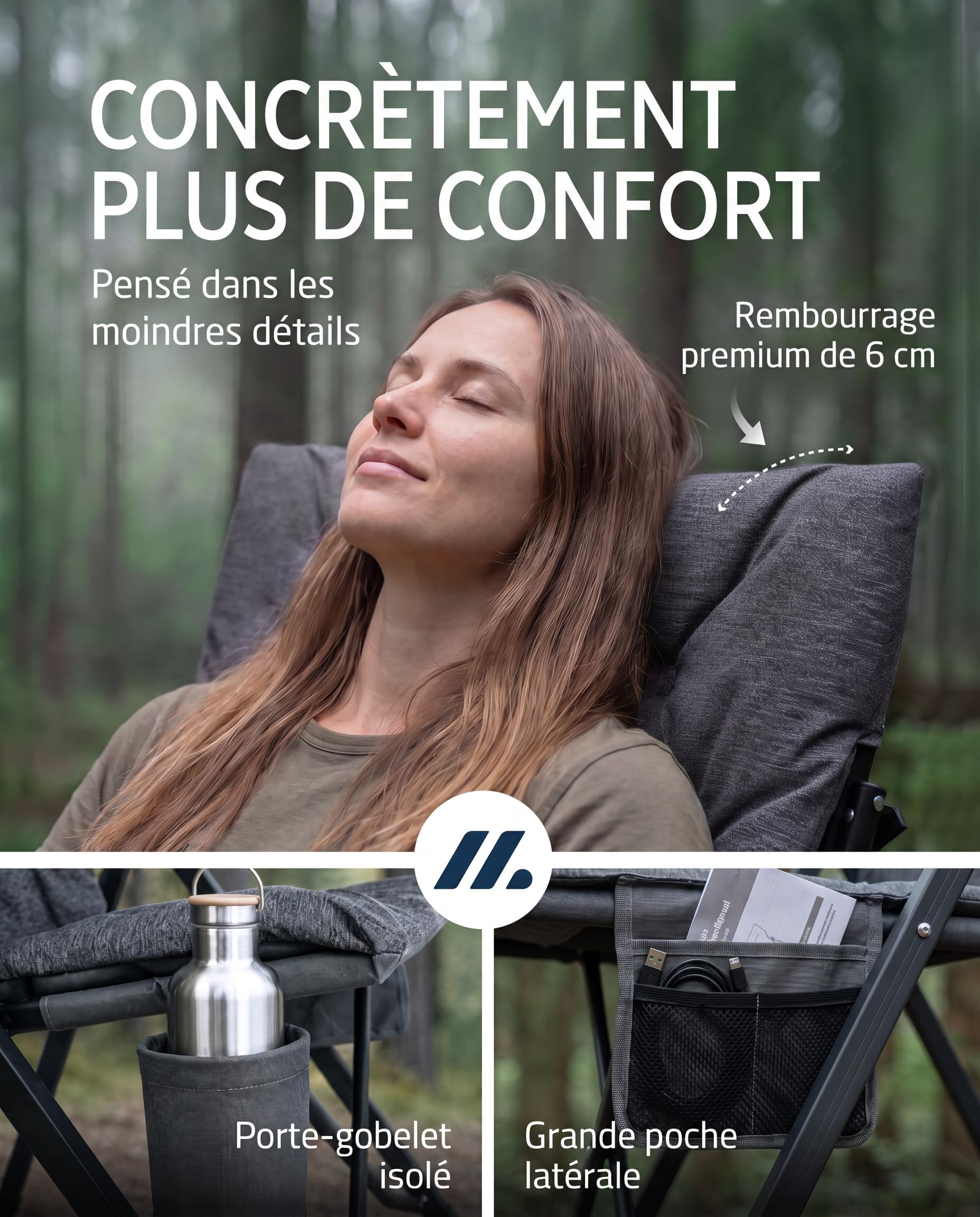 NORDMUT® Chaise de Camping Premium Pliante avec Dossier Haut – Stable réglable en 4 Positions – Chaise de Jardin Confortable supportant 140 kg pour Camping & Outdoor (Gris cendré 1x)