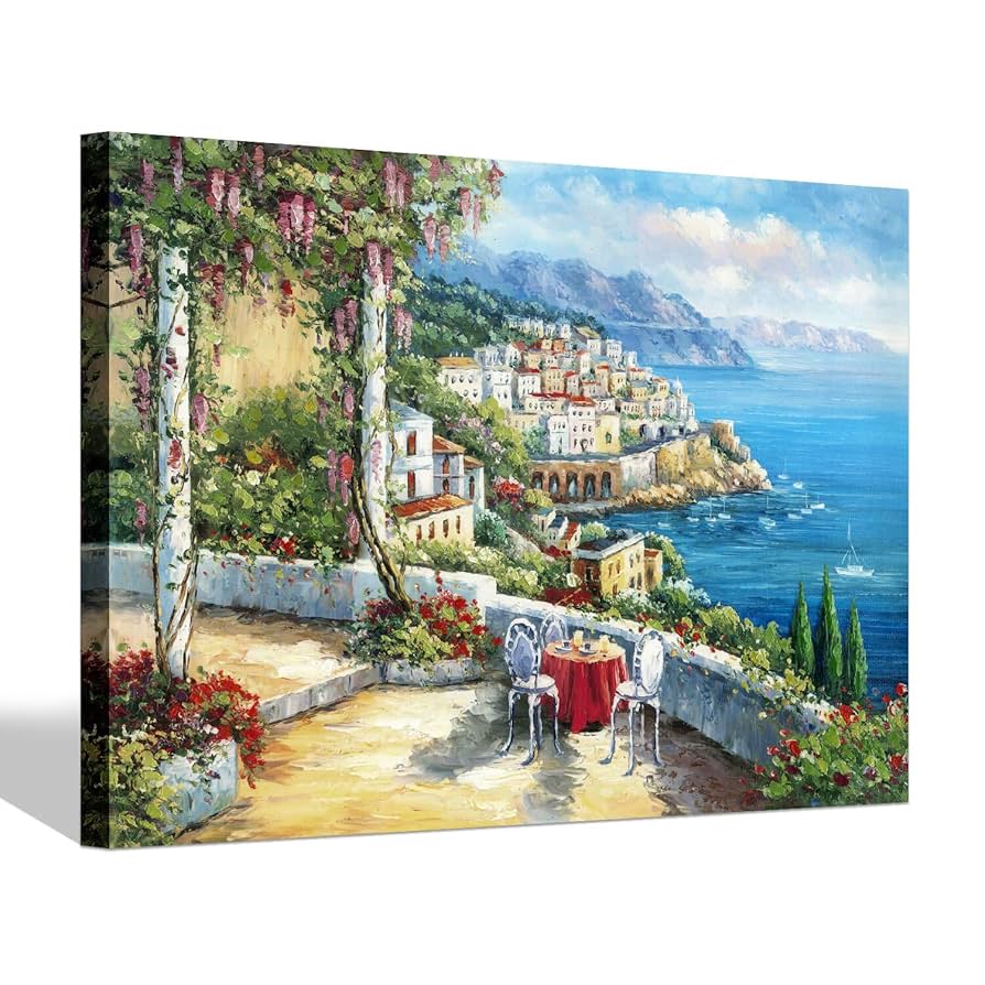 Amazon.co.jp: 地中海の町キャンバスウォールアート – 海岸の庭