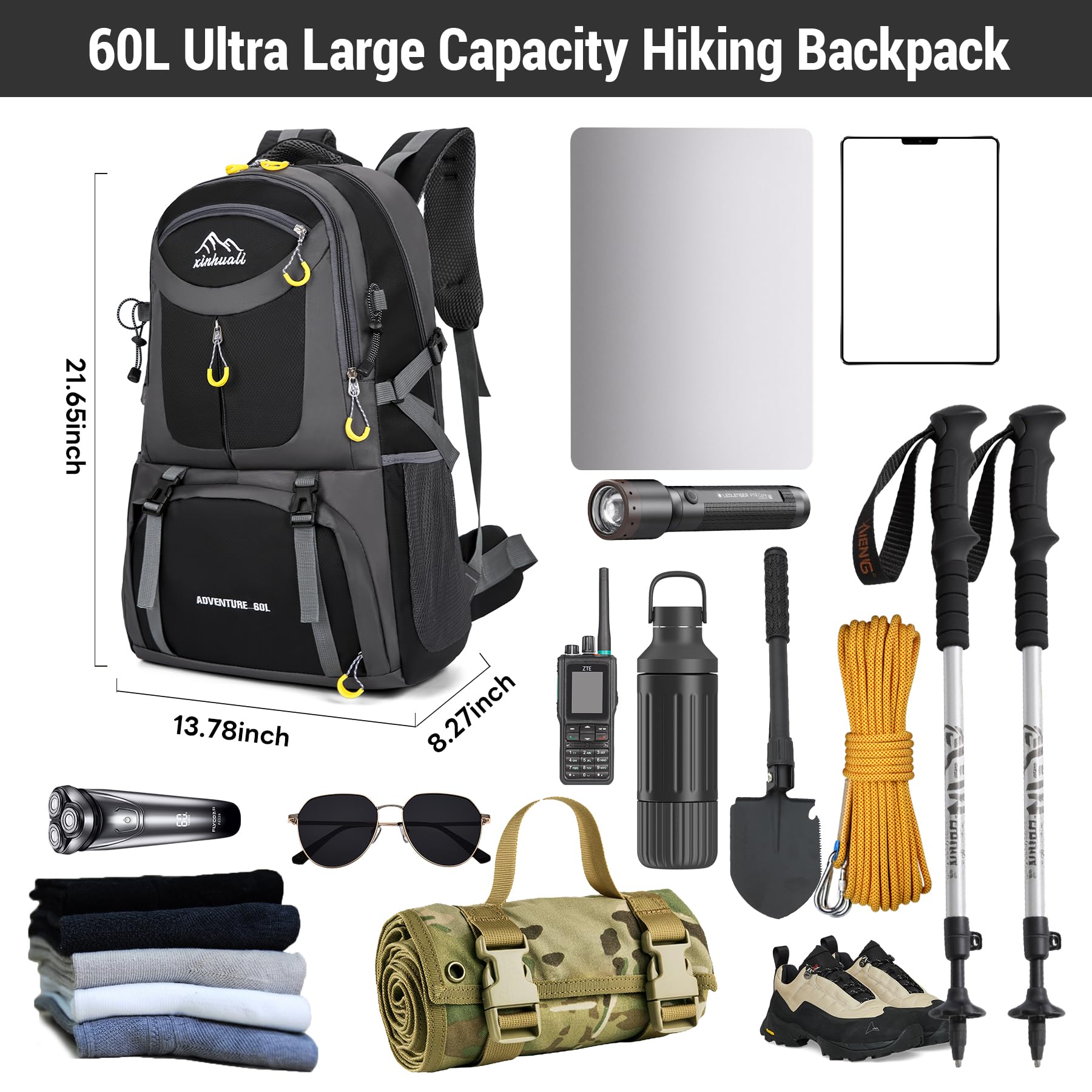 JUMAHE Hiking Backpack, 60L Large Camping Backpack Waterproof for Travel, Lightweight Day pack for Men Women, Black