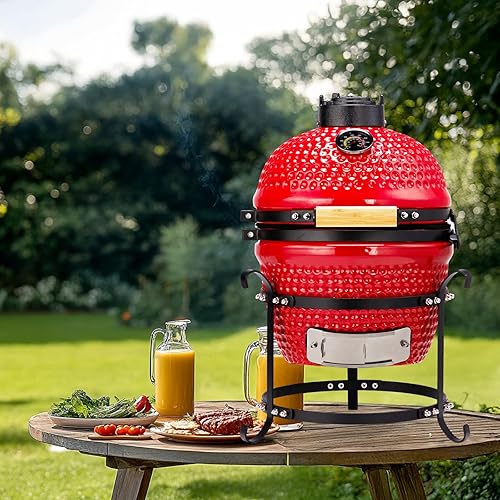 Miniatura 4 de Vasitelan Parrilla de carbón portátil de cerámica de 13 pulgadas, parrilla de carbón Kamado BBQ (rojo)