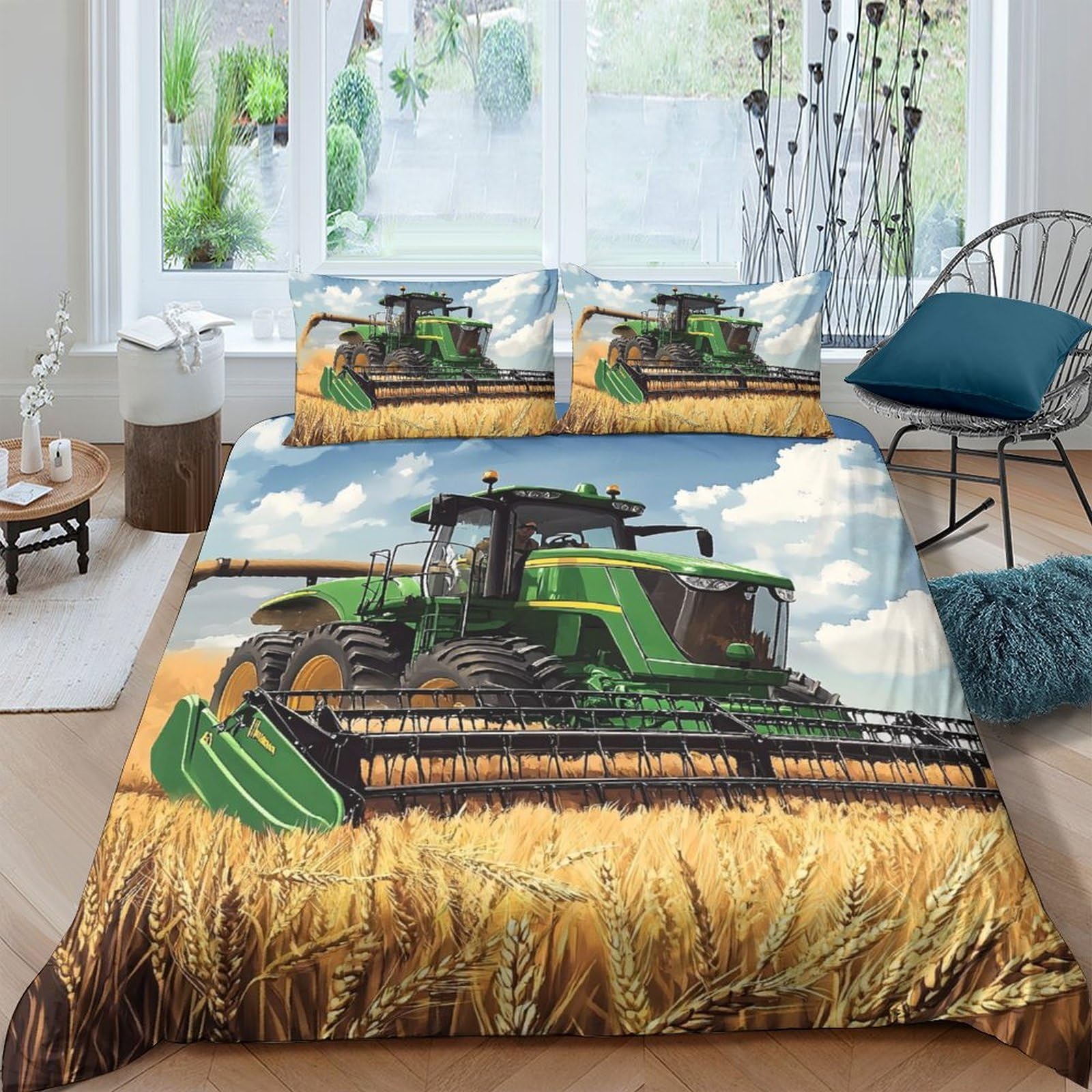 Ctjqhvkz Style-10 3D Printed Green Harvester Tractor Fitted Sheet Microfiber Soft Wheat Field Bed Cover For Bedroom Dorm Decor Single（135X200cm）