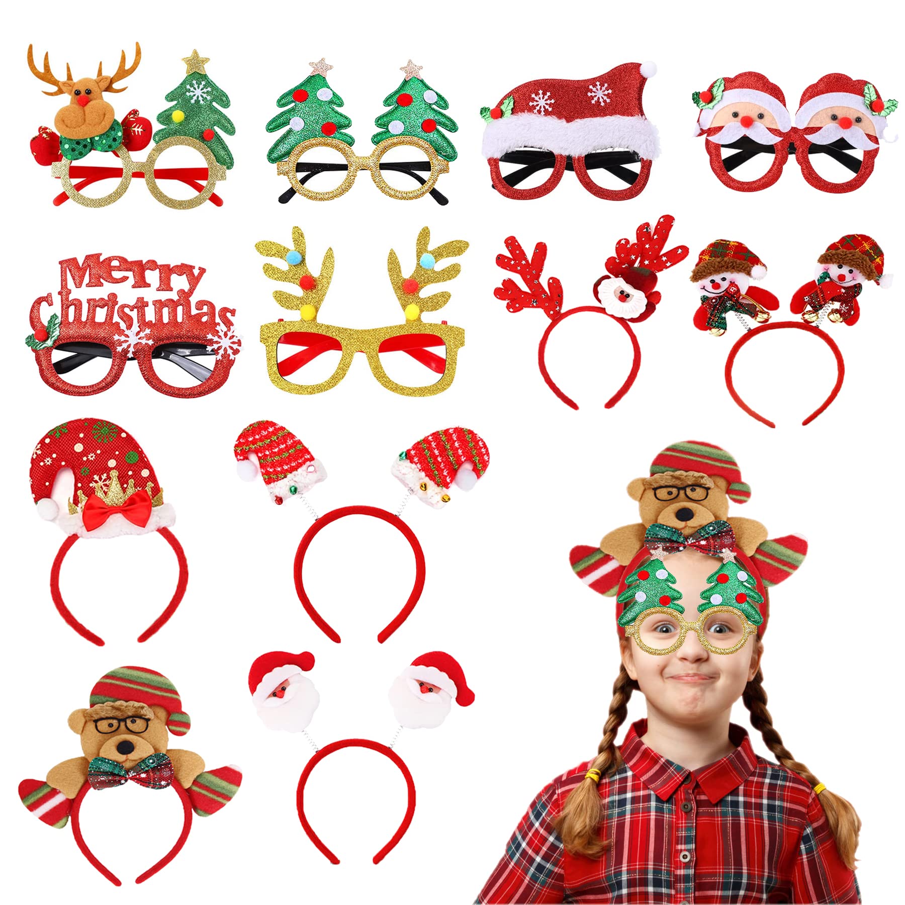 Christmas Glasses Frame and Headbands Set，12 PCS Glitter Party Glasses Frames And Cute Hair Hoop Christmas Decoration for Christmas Parties ,Holiday Favors