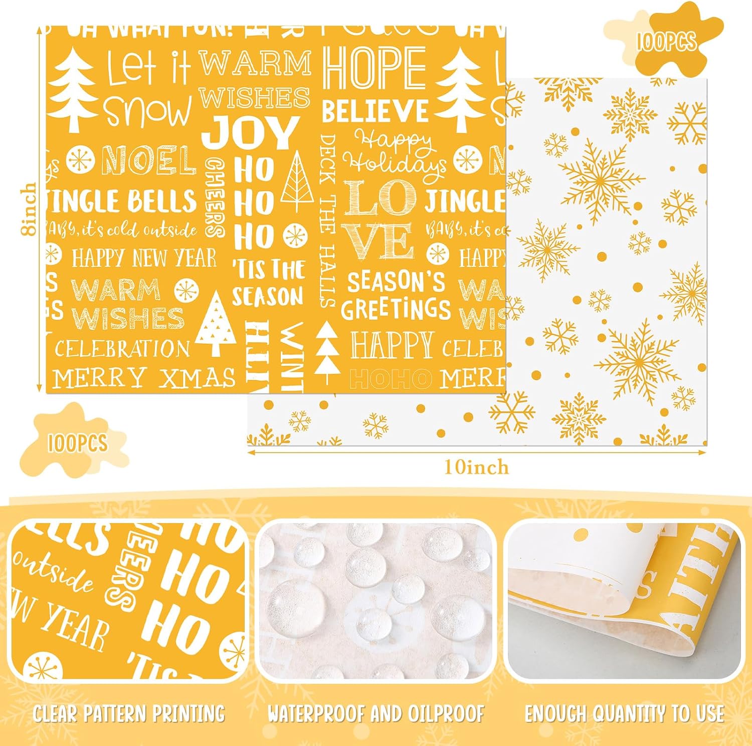 Sinload 200 Pcs Christmas Wax Paper Sheets 8x10 Inch Waterproof Snowflakes
