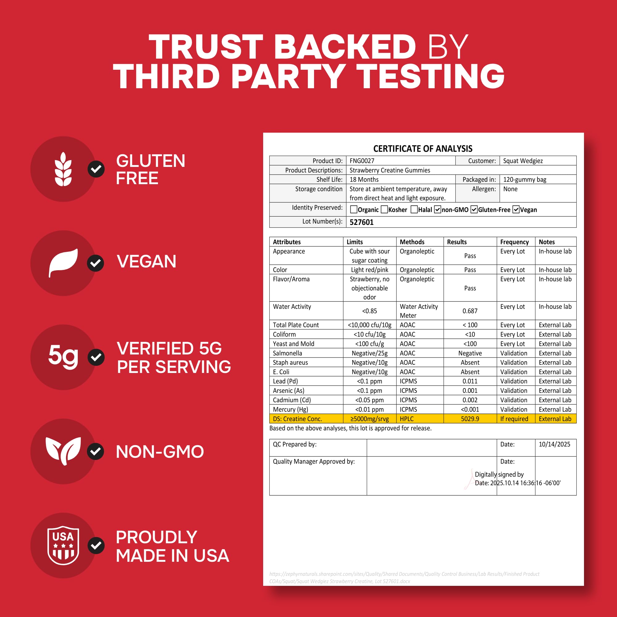 3rd Party Tested Creatine Monohydrate Gummies for Men & Women – Creatine Gummies 5 grams per Serving, Strawberry Flavor, 120 Count, Vegan,Gluten-Free, USA Made, 30 Day Supply–Boost Strength & Recovery