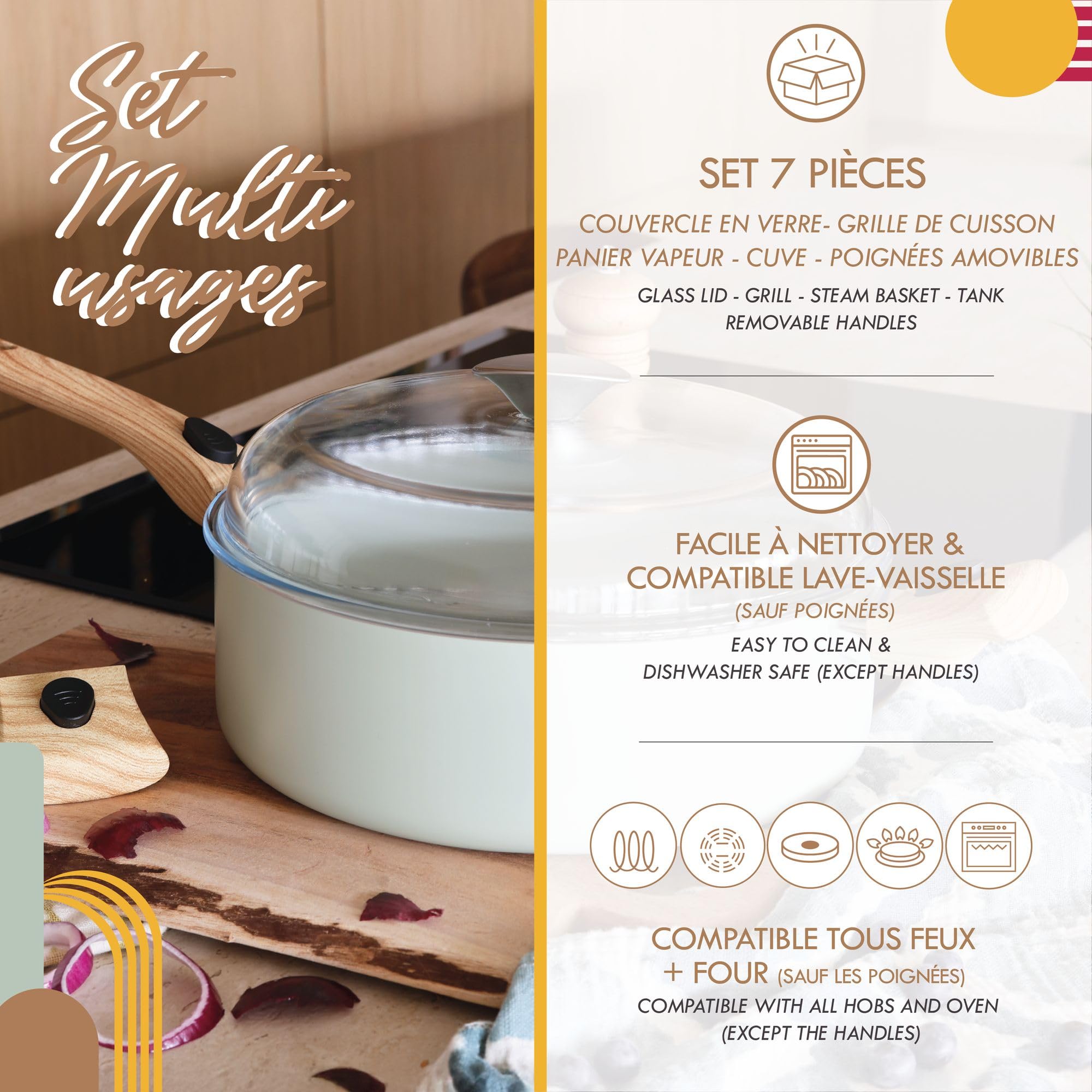 MENASTYL - Set culinaire multi-usages amovible Céladon 28cm en aluminium - Ustensile tout-en-un compatible tous feux et lave-vaisselle - Revêtement en céramique - 6020894