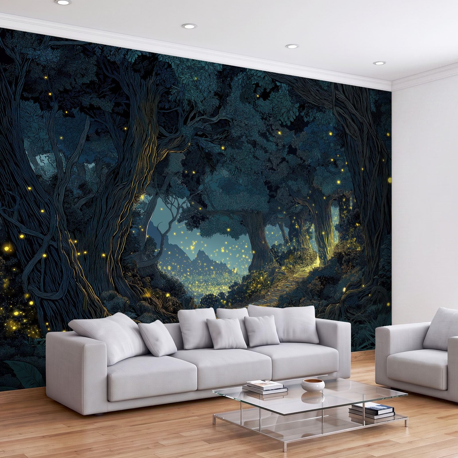 Générique Tapeta 3D panoramiczny obraz ścienny 350 x 256 cm fantazja magia las świetliki tapeta gobelin panoramiczny plakat salon dekoracja ścienna do pokoju dziecięcego, niebieski szary