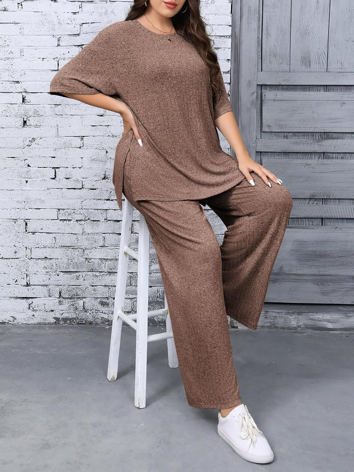 Beautife Womens Plus Size 2 Piece Lounge Sets Ribbed Short Sleeve Tops and Wide Leg Pants Set Travel Airport Outfits - Image 4