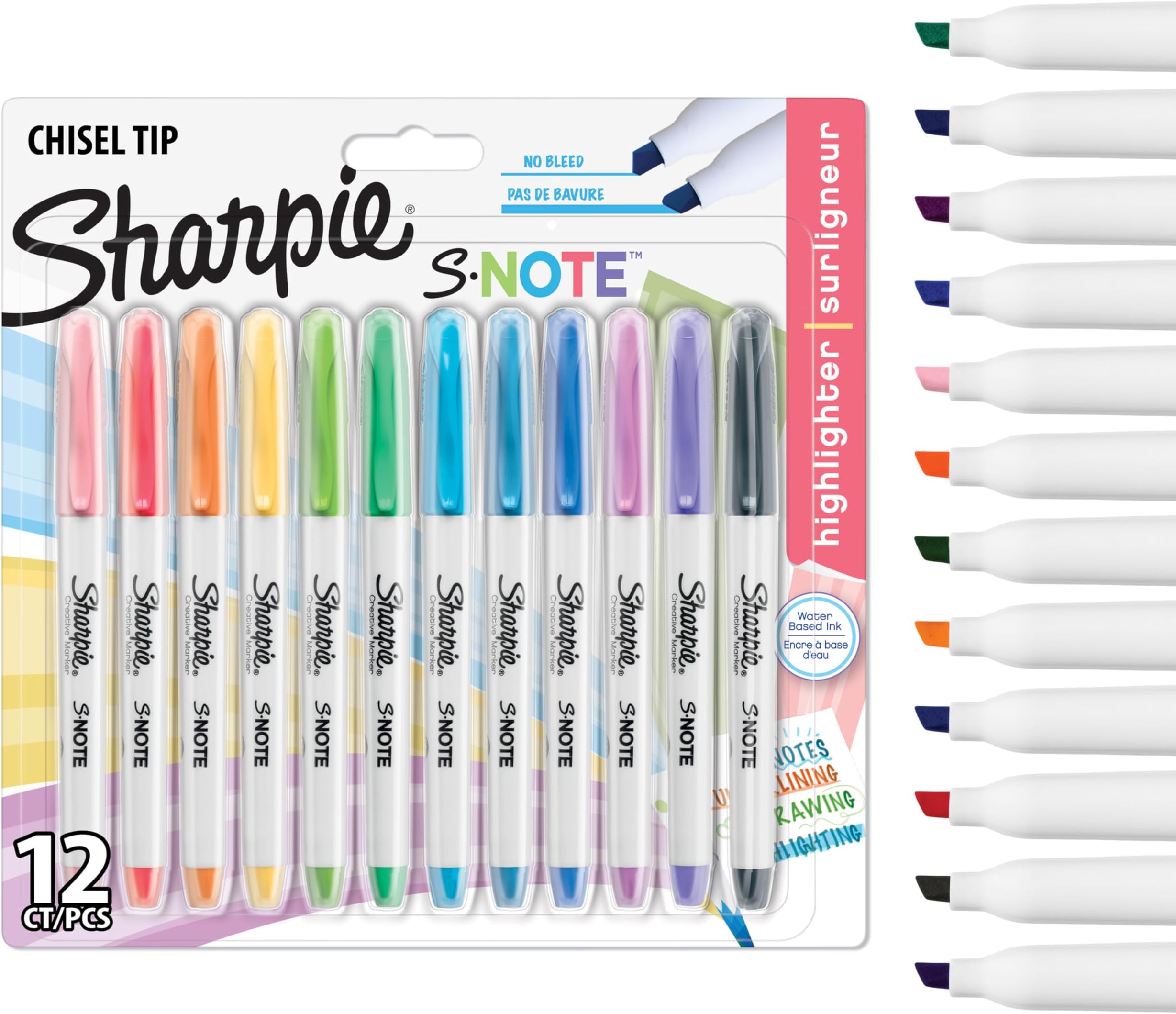 Sharpie S-Note Creative Colouring Highlighter Pens | Marker Pen to Write, Draw & More | Assorted Pastel Colours | Chisel Tip | 12 Count