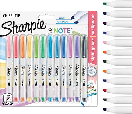 Sharpie S-Note Creative Colouring Highlighter Pens | Marker Pen to Write, Draw & More | Assorted Pastel Colours | Chisel Tip | 12 Count