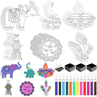 84 Pcs Diwali Color Your Own Magnet Happy Diwali Crafts Festival of Lights DIY Coloring Magnet Ornaments Diwali Deepavali Decorations Ornaments Craft Kits for Refrigerator Mandala Decor
