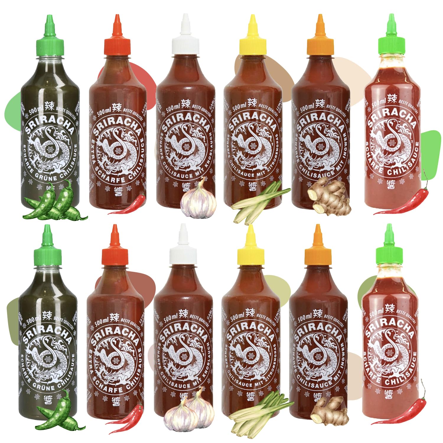 A-ONE Sriracha sos 12 sztuk x 500 ml – sos chili o 6 smakach po 2 butelki – klasyczny, super hot, czosnek, trawa cytrynowa, imbir, zielony – opakowanie ekonomiczne – wegetariański