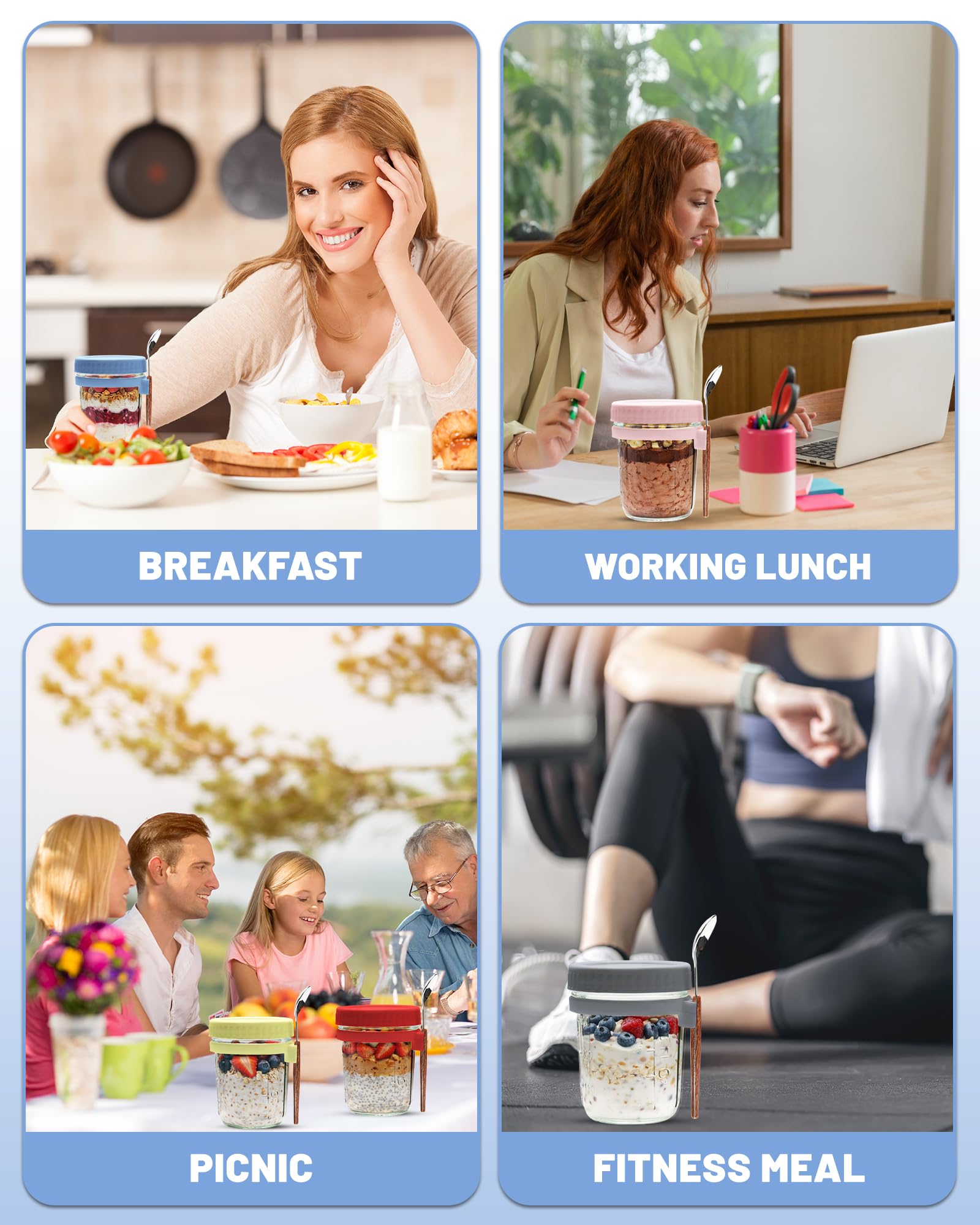 6 szt. słoiki na overnight oats z pokrywką i łyżką – szklane pojemniki meal prep ze skalą do musli, jogurtu i owsianki – szczelne słoiki śniadaniowe na wynos do sałatki i puddingu chia