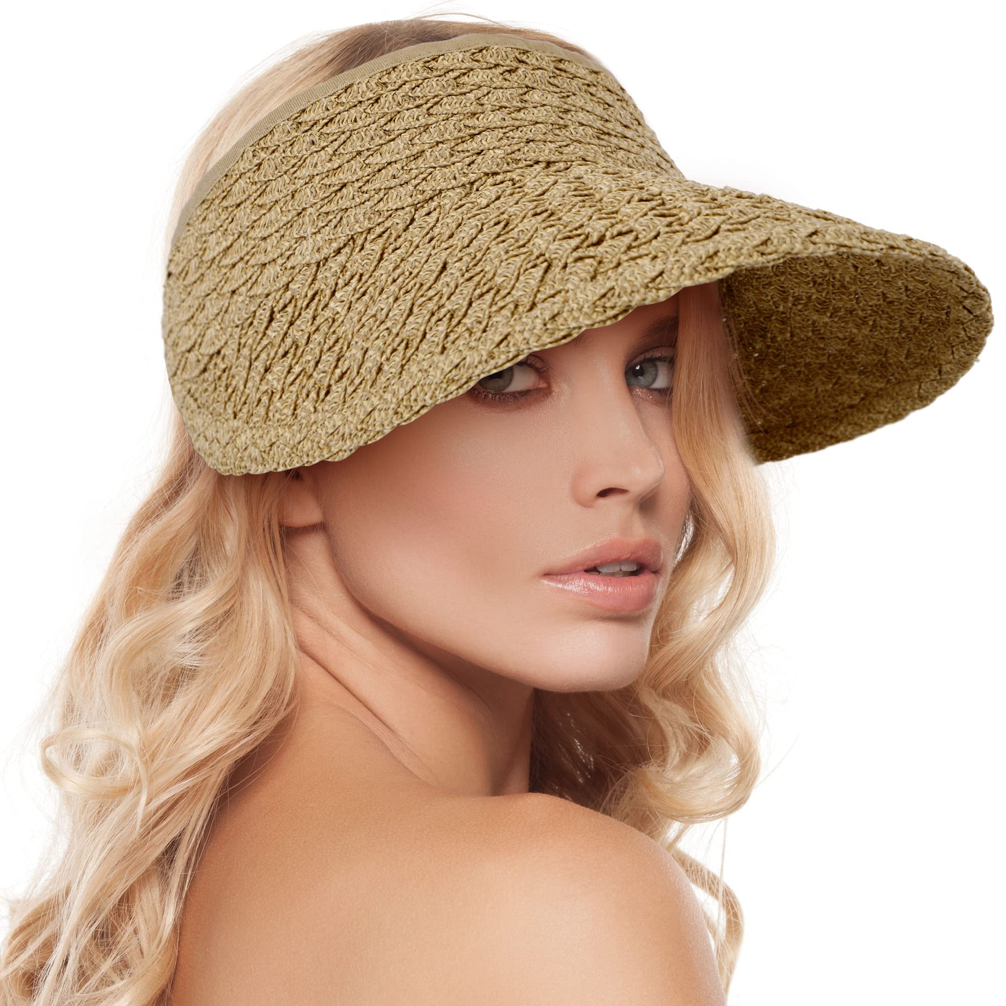 Women's Wide Brim Sun Hats Roll-up Foldable Straw Golf Visor Hat, Brown Mix, One Size