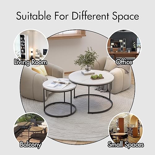 Miniatura 6 de Juego de 2 mesas auxiliares redondas pequeñas para sala de estar, 27.56 pulgadas de grano de madera de imitación de mármol sintético, mesa auxiliar