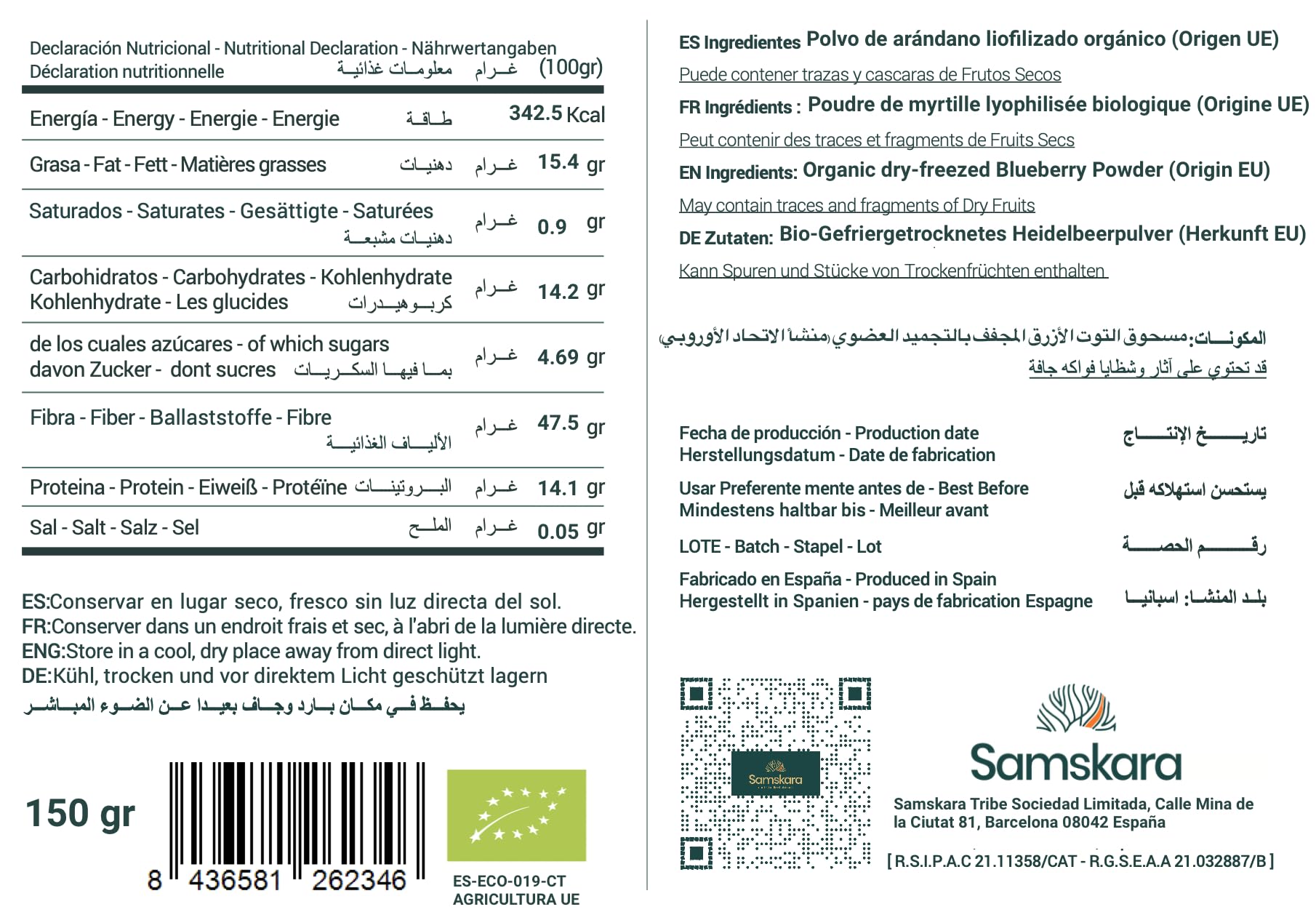 Arándanos salvajes nórdicos en polvo BIO | Samskara Tribe | bayas liofilizadas, sin OGM y sin endulzar, ricas en antioxidantes | para usar en batidos y repostería (150 g)