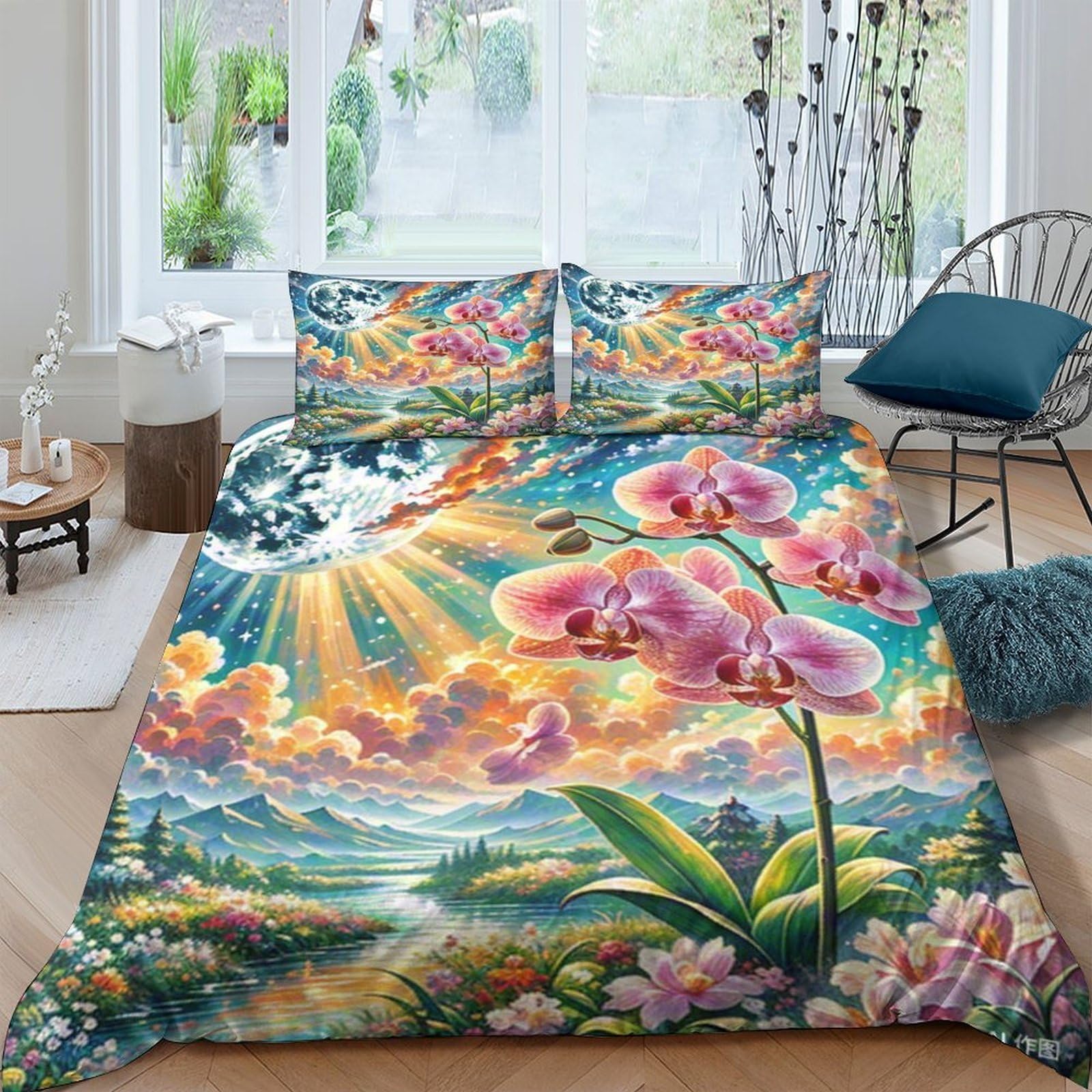Parure de lit avec fermeture éclair cachée housse de couette orchidée 3D microfibre