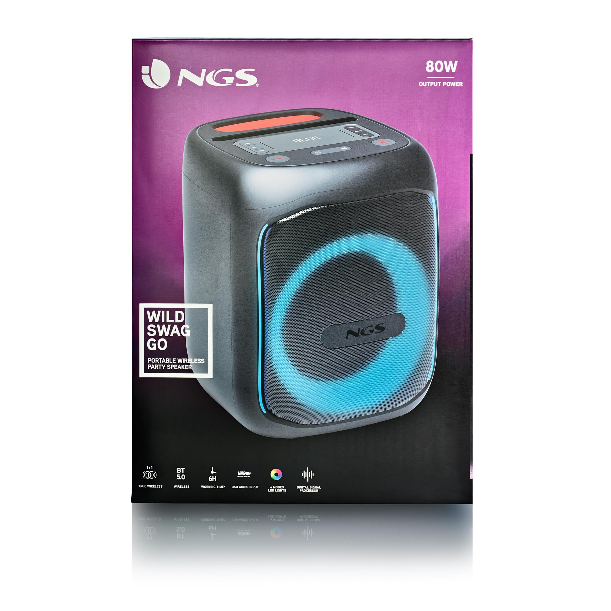 NGS Wild Swag Go-Altavoz portátil Compatible con tecnología Bluetooth 80W | Función TWS , entrada de micrófono y pantalla LED; batería de 10h. Entradas USB/TF/AUX IN y luces LED para fiestas.