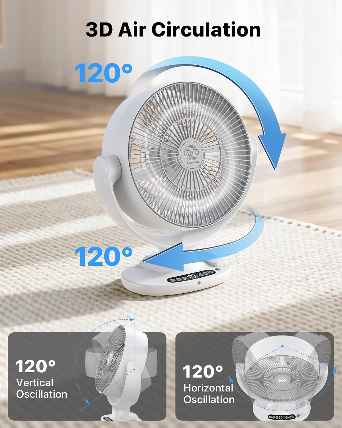 Aaoyun Battery Powered Floor Fan, 12000mAh Cordless Room Air Circulator with Remote, 3D Oscillating Standing Fan, 8 Speeds, 20dB Quiet Motor, Washable Portable Fan for Bedroom, Indoor, Outdoor（D6）