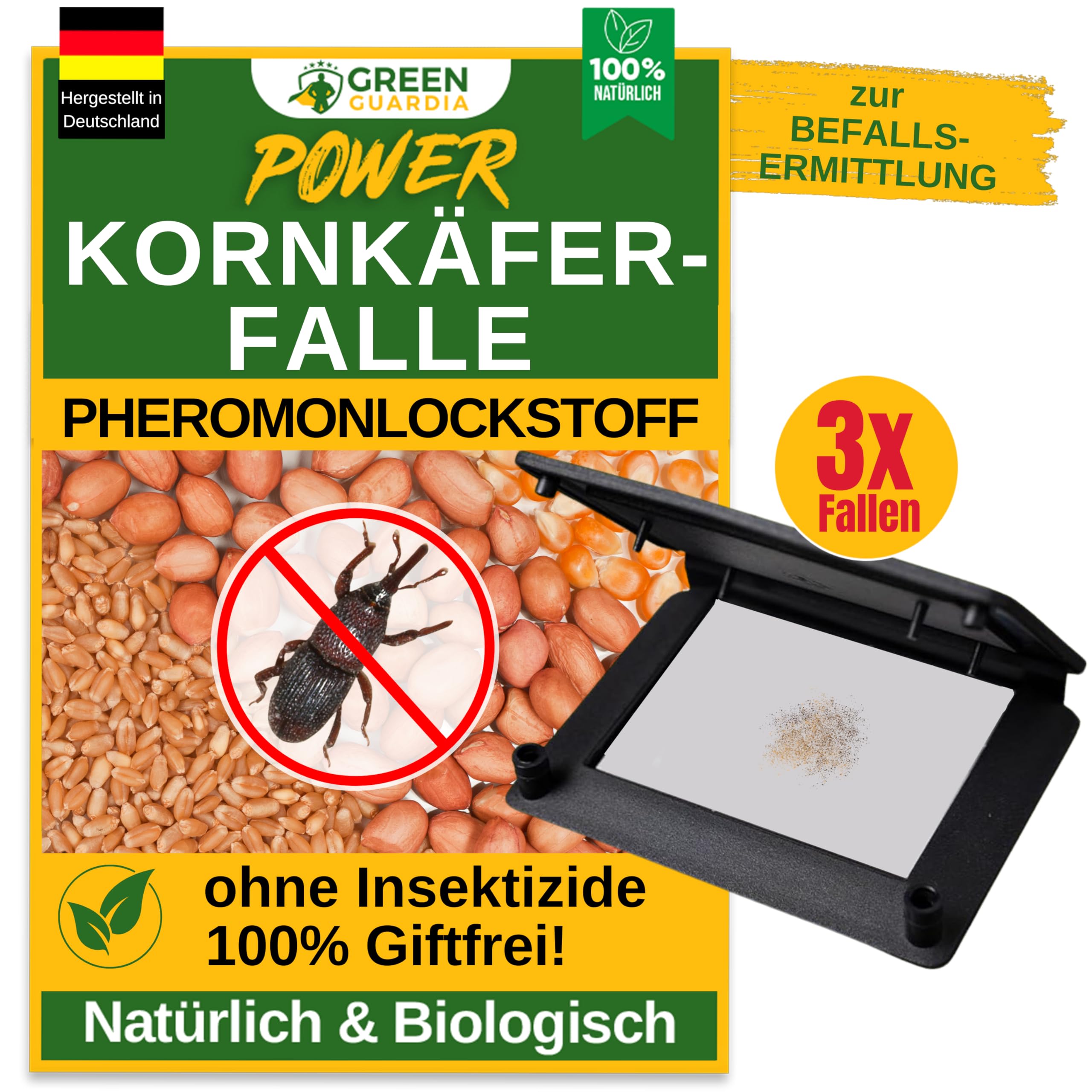 GREEN GUARDIA Trappola per Coleotteri del Grano con Ferormone - 3 Trappole - Combatte i Coleotteri del Grano in Modo Ecologico, Trappola a Ferormone Chimica-Free con Superfici Adesive Sostituibili