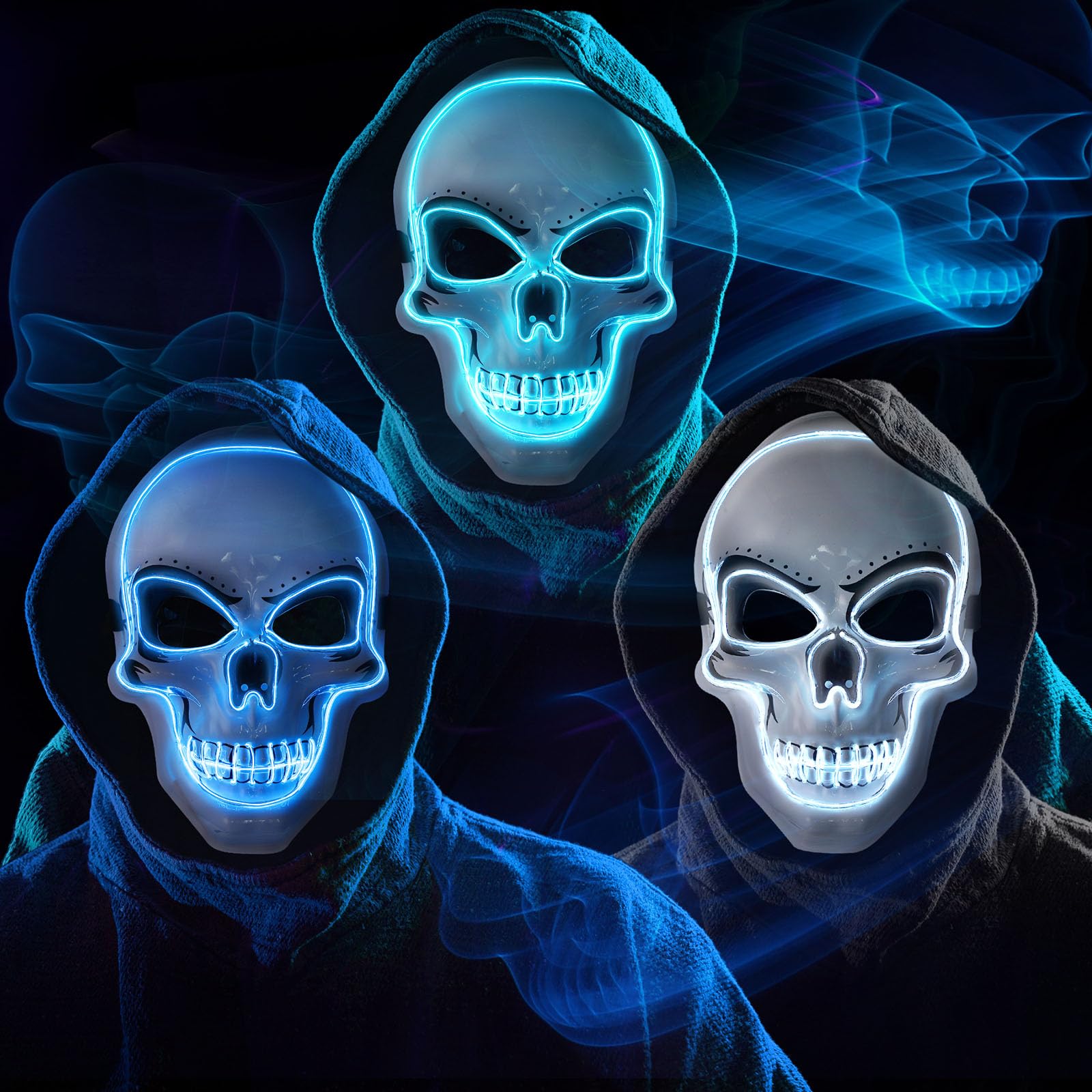 Liliful 3 Pcs Halloween Mask Led Scary Skull Light Up Costumes with El Wire 3 Flashing Modes Skeleton