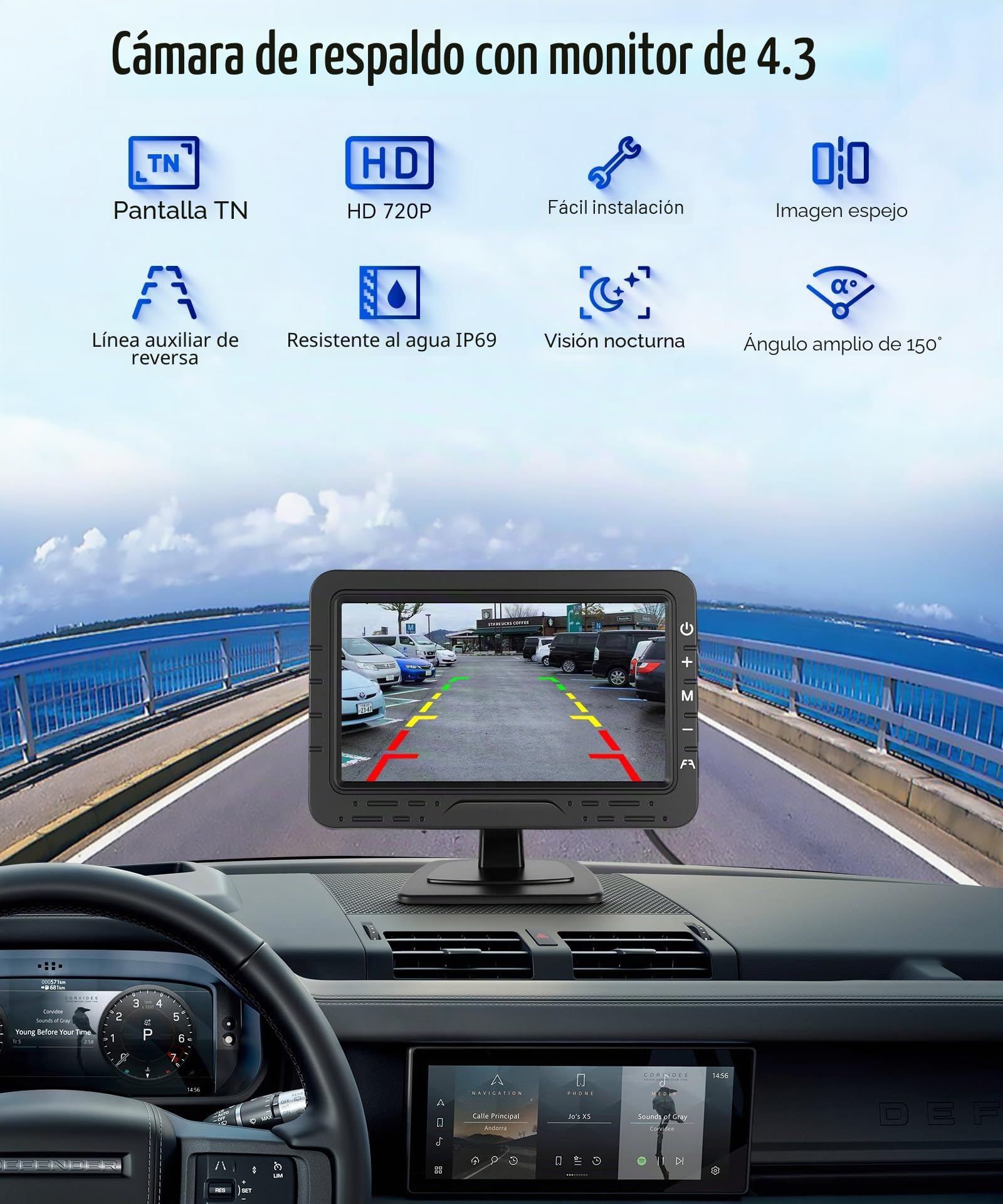 VECHTEL Cámara de visión Trasera con Monitor 4.3",Kit de Asistencia para aparcar,IP69 AHD visión Nocturna Cámara Rotar 360° Gran Angular 170°,con Enchufe para Encendedor de Cigarrillos