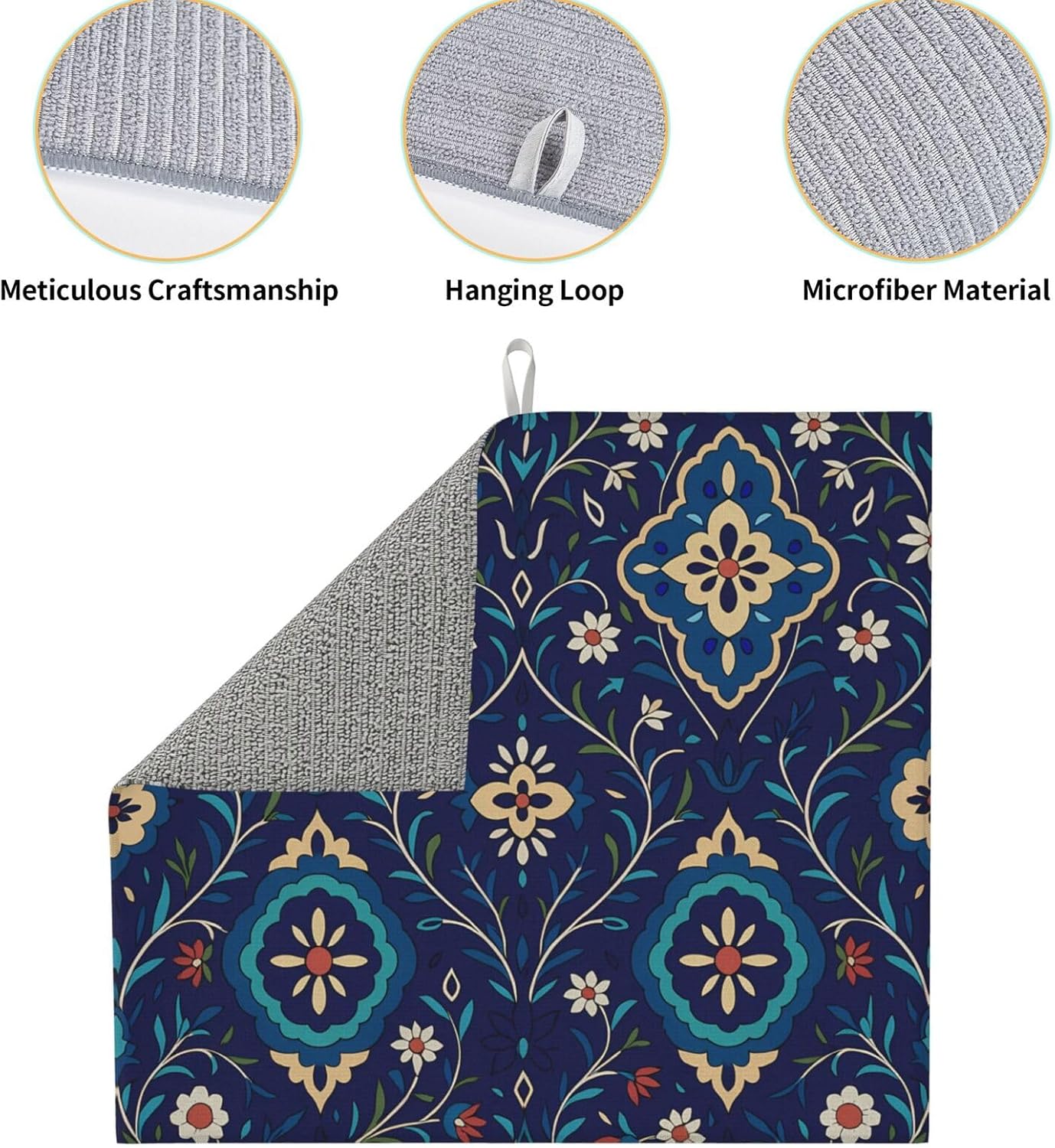 Ethnic Navy Blue Floral Dish Drying Mat For Kitchen Counter Vintage Boho Flower Vine Dry Mats Microfiber Dish Drainer Mat Protector Pad Absorbent Fast Drying Kitchen Must-Have 16x18 Inch