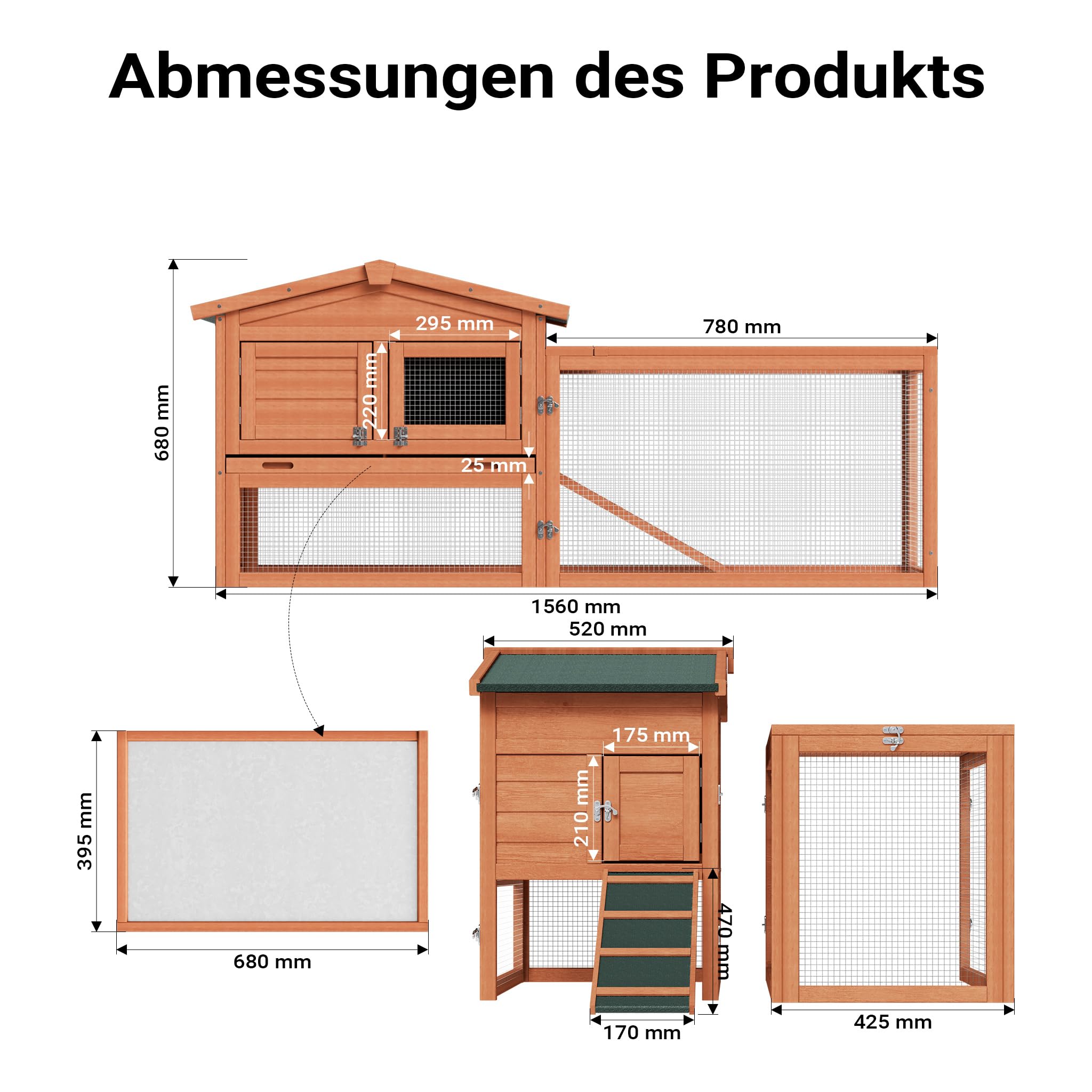 Wiltec XXL Hasenstall 1560 x 520 x 680 mm mit Freilaufgehege und erhöhtem Unterschlupf aus Fichtenholz, Kaninchenkäfig mit 2 Etagen, Kleintierstall