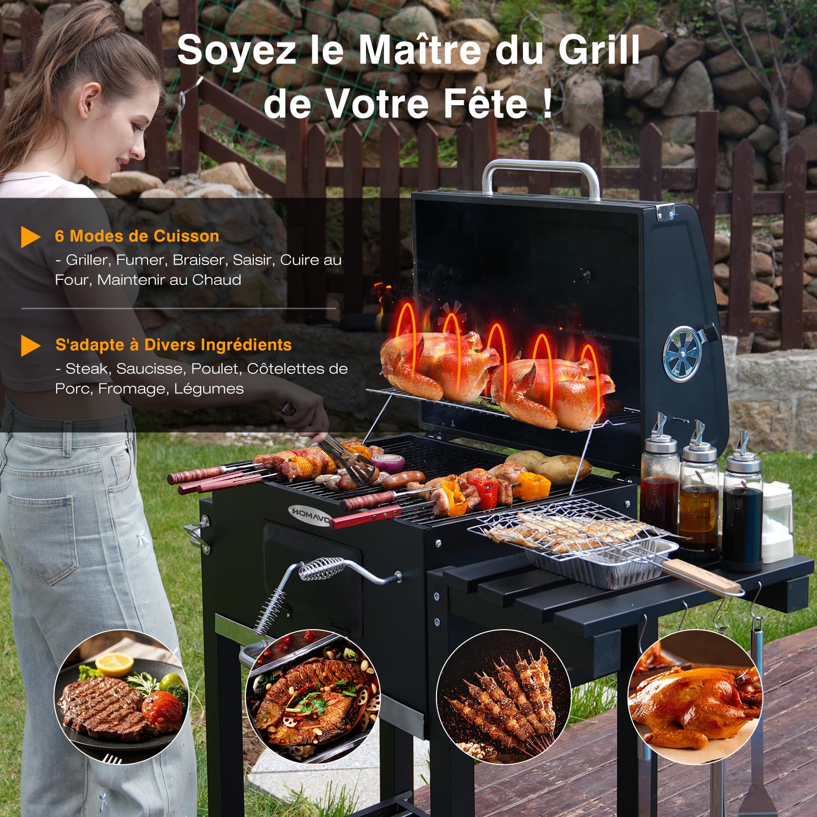 Barbecue Charbon de Bois, Barbecue à Charbon, Gril avec Couvercle, Surface de Cuisson 56×42,5 cm, Bac à Charbon Réglable, Table Latérale Pliante et Housse de Protection Incluse
