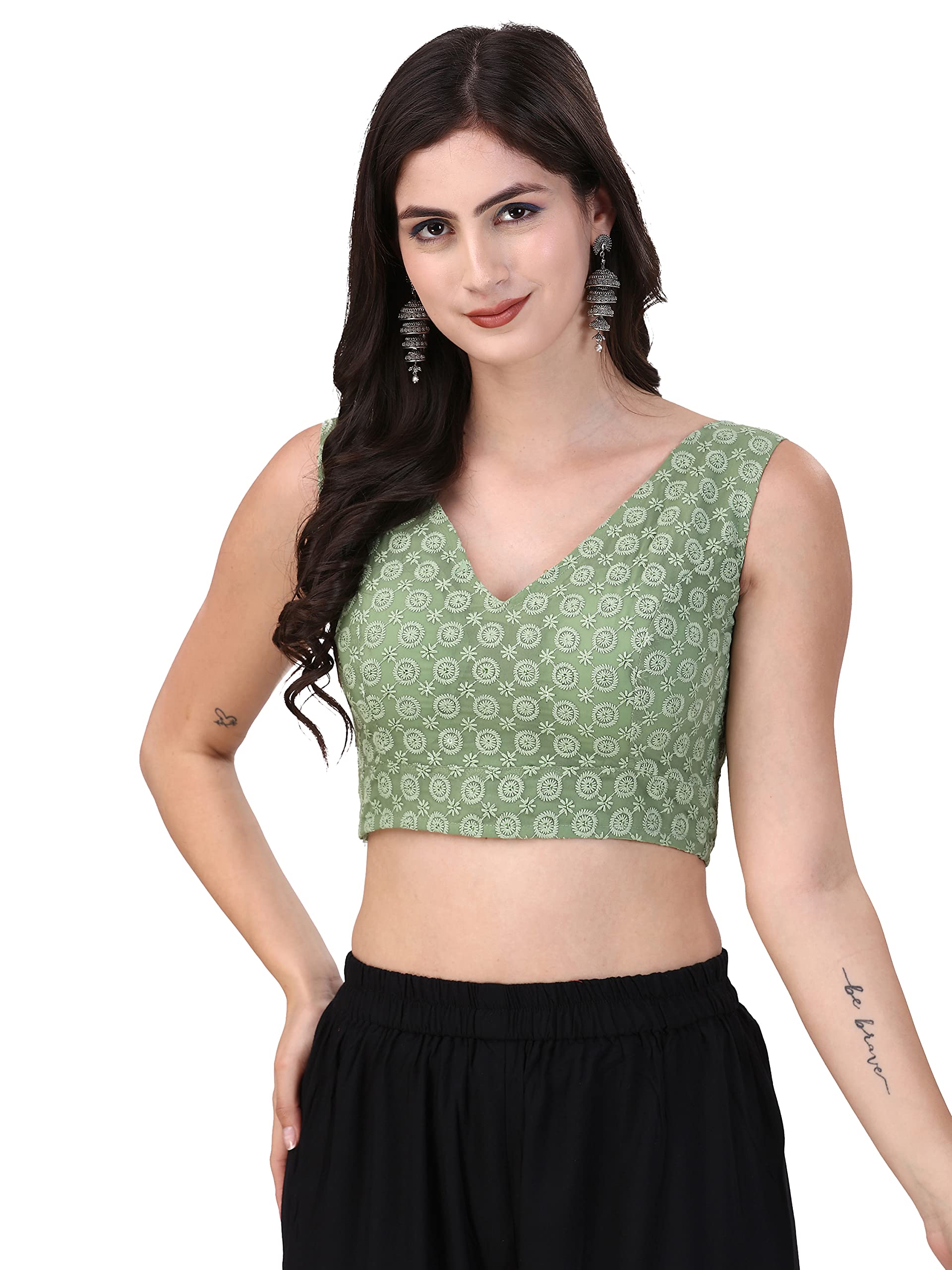 Oomph! Women's Indian Ethnic Wear Designer Round Leaf Pattern V Neck Sleeveless Cotton Pista Blouse For Saree Or Lehnga And Blousepalazzos Or Skirts For A Fusion Twist.