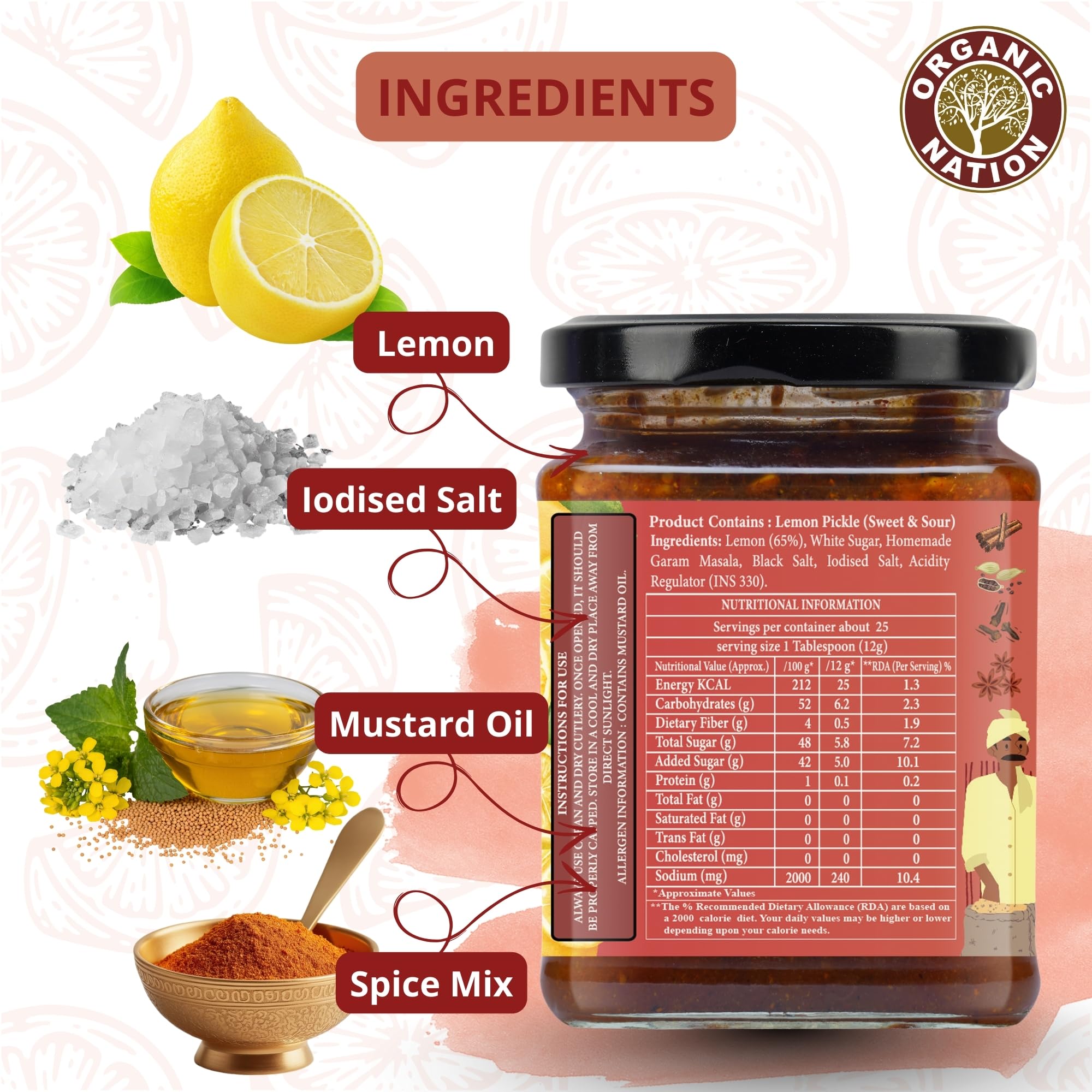 ORGANIC NATION Sweet Lemon Pickle - Delicious Khatta Meetha Nimbu Achar, Lemon Pickle, 300g, Natural Ingredients, No Preservatives, Perfectly Balanced Flavor, Vibrant Yellow 3