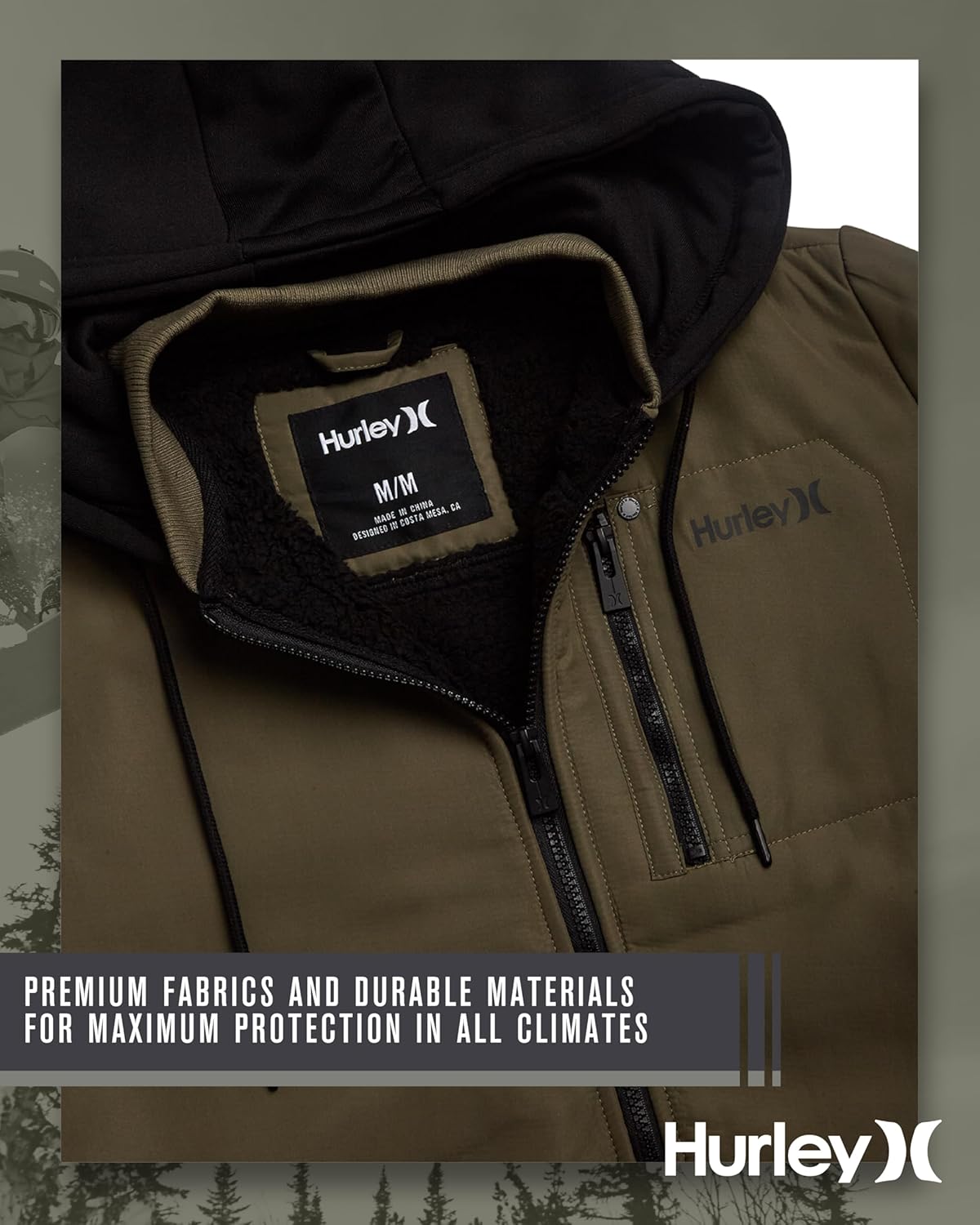 Hurley Mens Bomber Jacket - Soft Cozy Sherpa Lined Weather Resistant Casual Hooded Fleece Jacket for Men (Sizes: S-XL) - Image 4