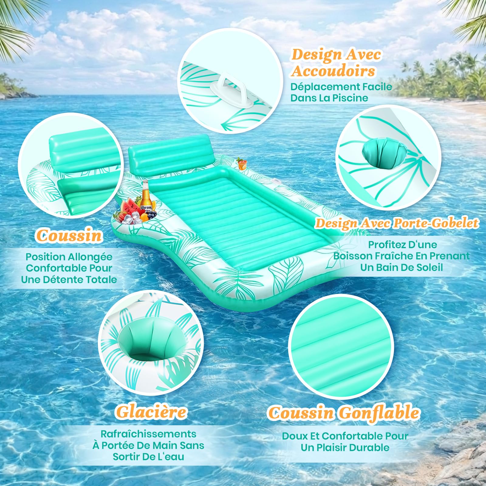 Charmofun Double Piscine de Bronzage Gonflable, 230 * 180 cm Matelas Gonflable Bronzage Tanning Pool avec Bac à Glaçons & Pochette Étanche, Matelas Eau Bronzage pour Adultes Jardin Plage Piscine