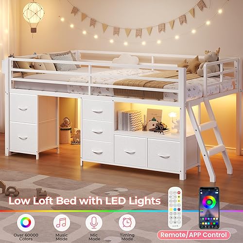 Miniatura 6 de ADORNEVE Cama baja tipo loft tamaño individual con 7 cajones de almacenamiento, estantería y luces LED, cama alta de metal para niños con barandilla