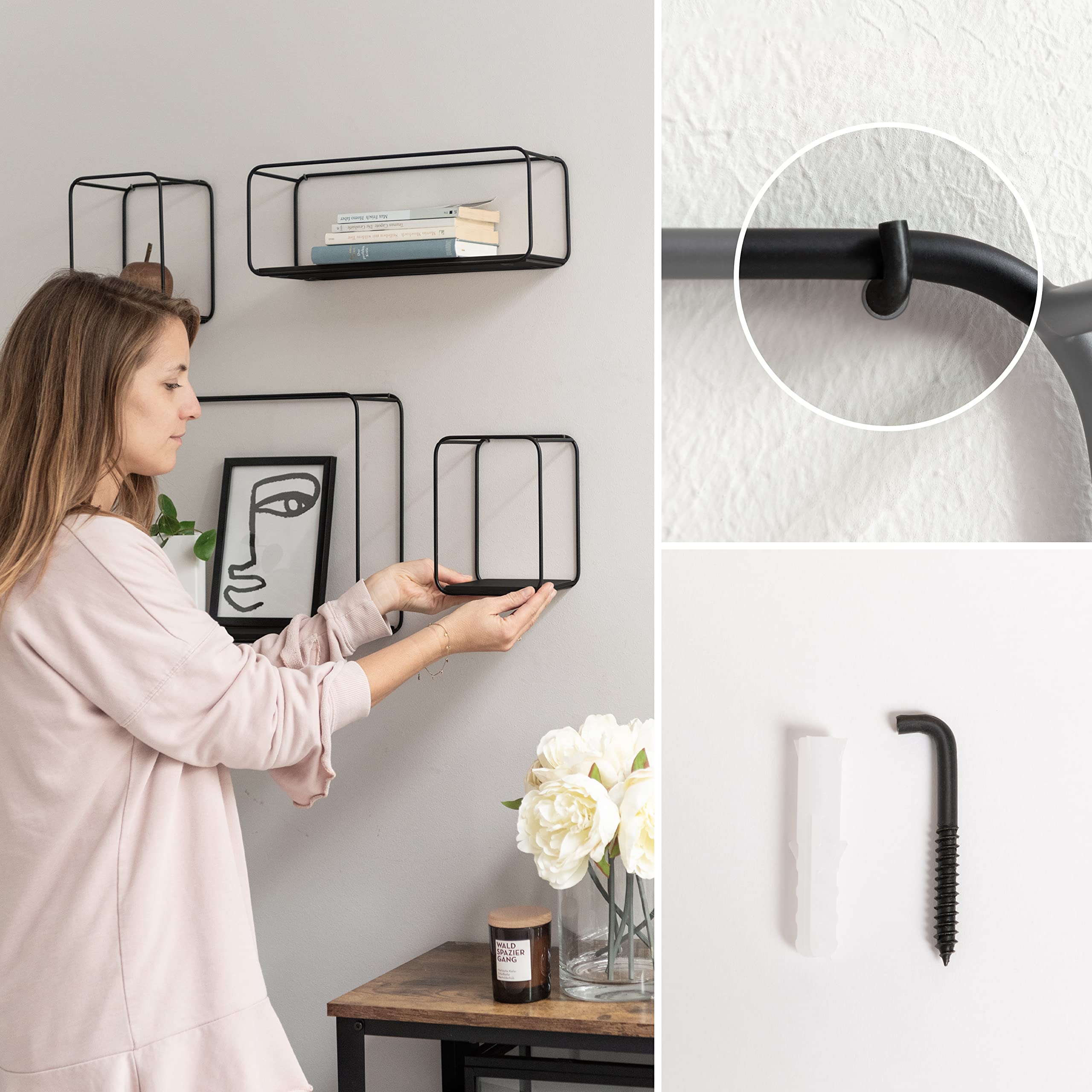 Kazai. Mensole da Muro Design -Jona- | Scaffale Metallo a 4 Parti con Impiallacciatura in Vero Legno | Decorazione della Parete, Libreria Scaffale, per Camera da Letto, Bagno, Cucina | Quercia, nero