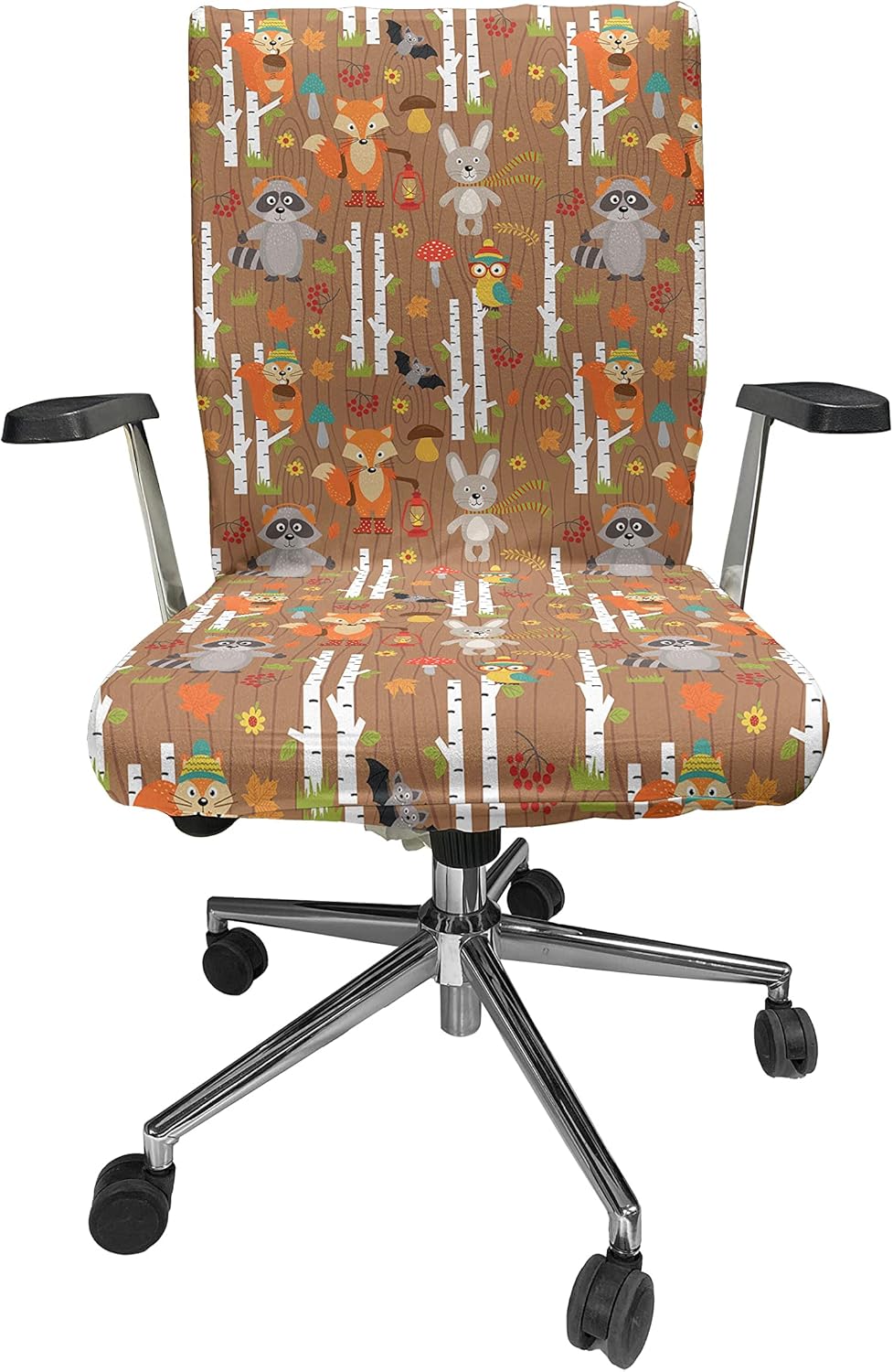 Ambesonne Woodland Office Chair Cover, Cartoon Pattern Animals of the Forest Wood Background Seasonal, Stretchable Decorative Universal Size High Back Printed Slipcover, Dark Sand Brown Pale Vermilion