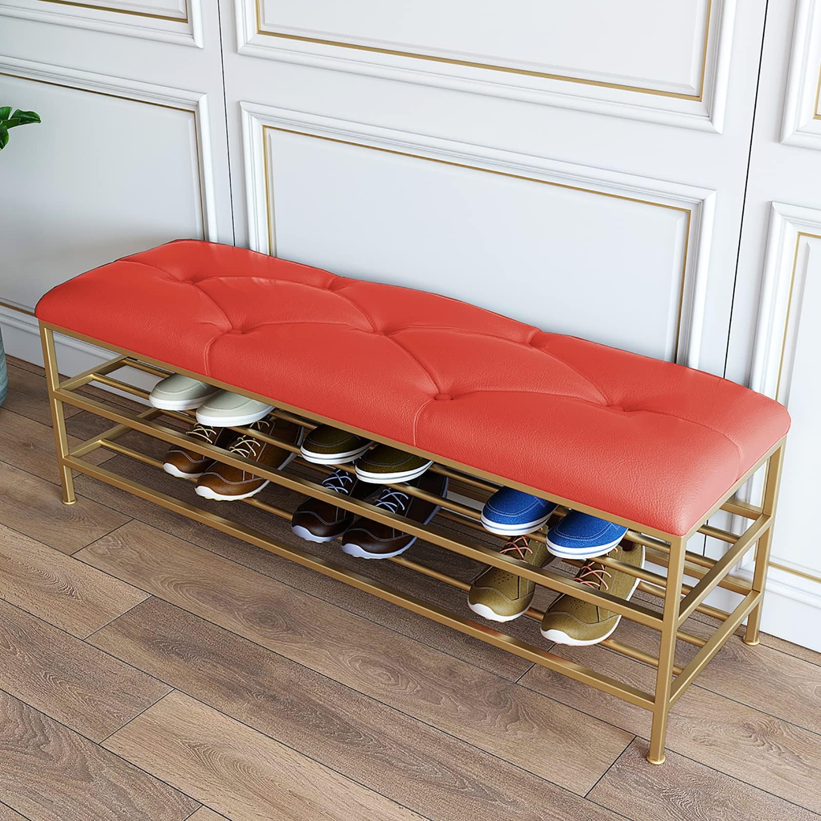 MYUYEE Entryway Bench With Golden Shoe Shelf, Modern Shoe Bench Shoe Orga Faux Leather Bench Seat, Shoe Rack Bench Shoe Storage Bench(Red-60X35X45Cm)