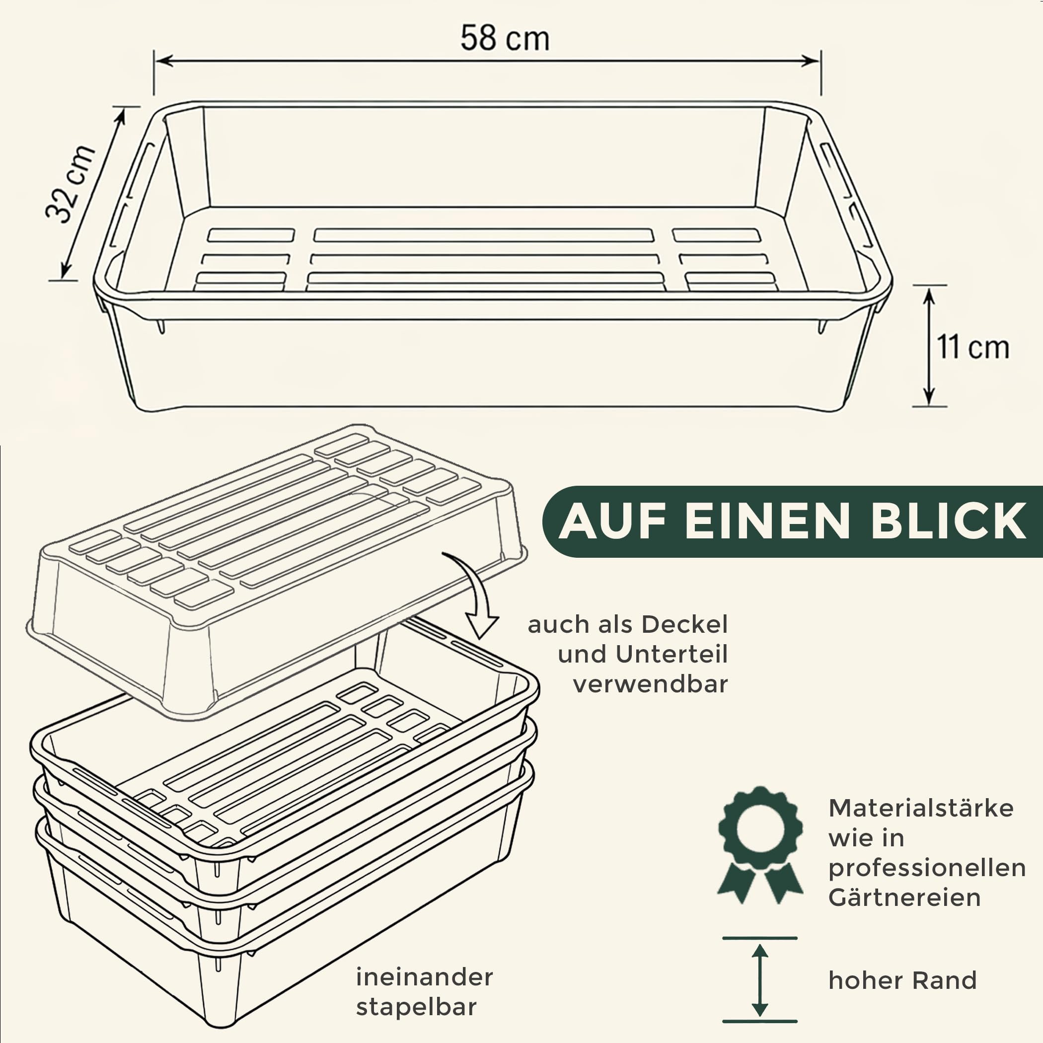 Hausfelder Pflanzschale Anzuchtschale 58x32x11 cm, 6 Stück | Rissfeste Pikier- & Pflanzwanne, frost- & UV-stabil, für Gewächshaus, Balkon & Microgreens