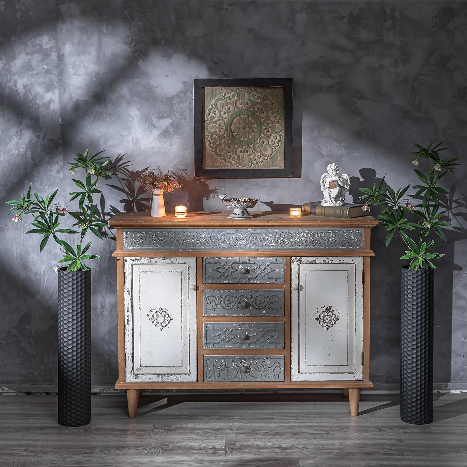 Sziqiqi Black Tall Floor Vase: 27.6in Metal Modern Cylinder Floor Vases for Fireplace with Honeycomb Texture - Set of 2 Large Decorative Vase Home Decor for Living Room Bedroom Home Corner Indoor - Image 3