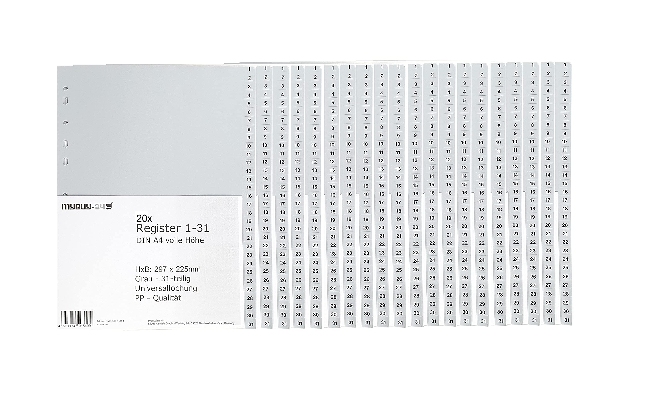 20er Sparpack Register 1-31 A4, volle Höhe, Universallochung PP Kunststoff grau 297 x 225mm Trennblätter Ziffern 1 - 31