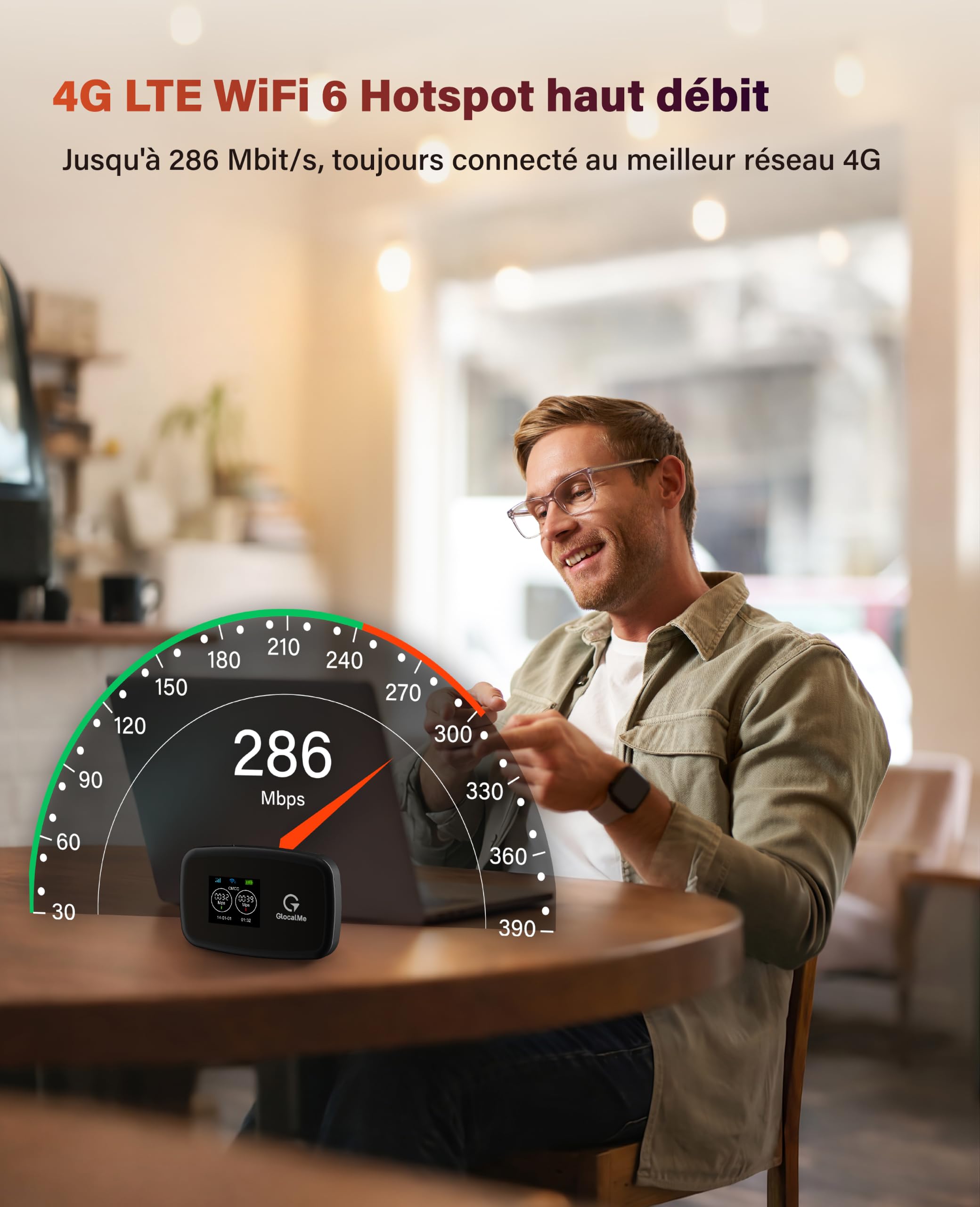 GlocalMe Routeur Wi-Fi mobile C4, données UE 15 Go, carte SIM incluse, Plug & Play, WiFi 6, batterie 3700 mAh avec autonomie de 14 heures, jusqu'à 10 appareils, Wi-Fi portable pour les déplacements