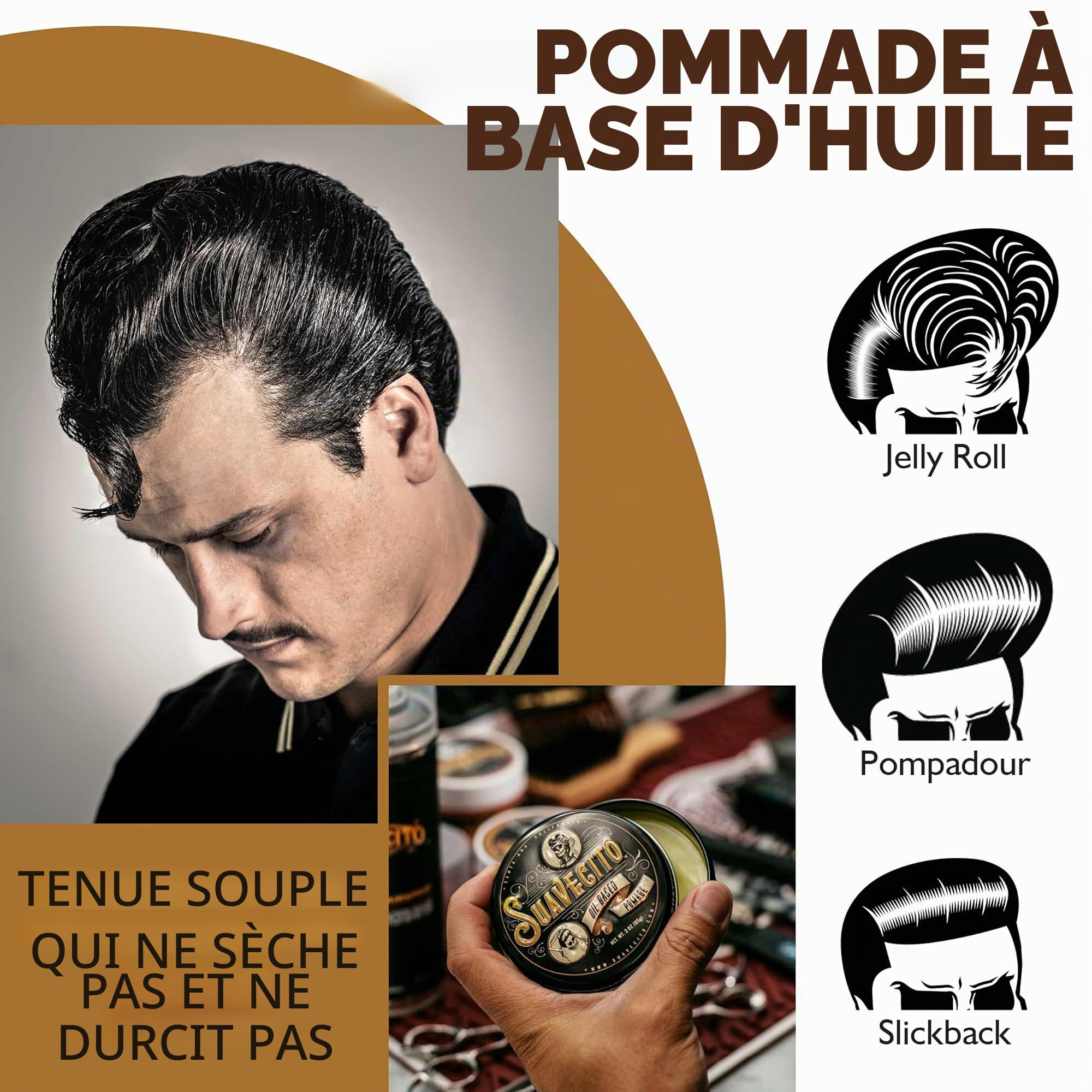 Pommade à base d'huile Suavecito, tenue moyenne et durable, brillance saine, adaptée à tous les types de cheveux, à appliquer sur cheveux mouillés ou secs 3oz/85g