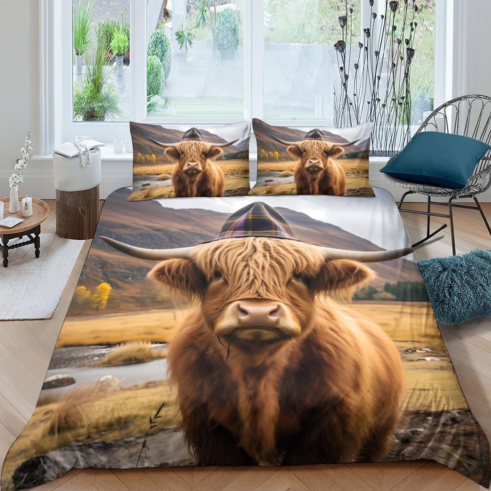 GPLZQXKJNH 3D Printed Highland Cow Duvet Cover Set Microfiber Soft Breathable Scottish Landscape Bedding Set with 2 Pillowcases for Bedroom Decor Single（135x200cm）