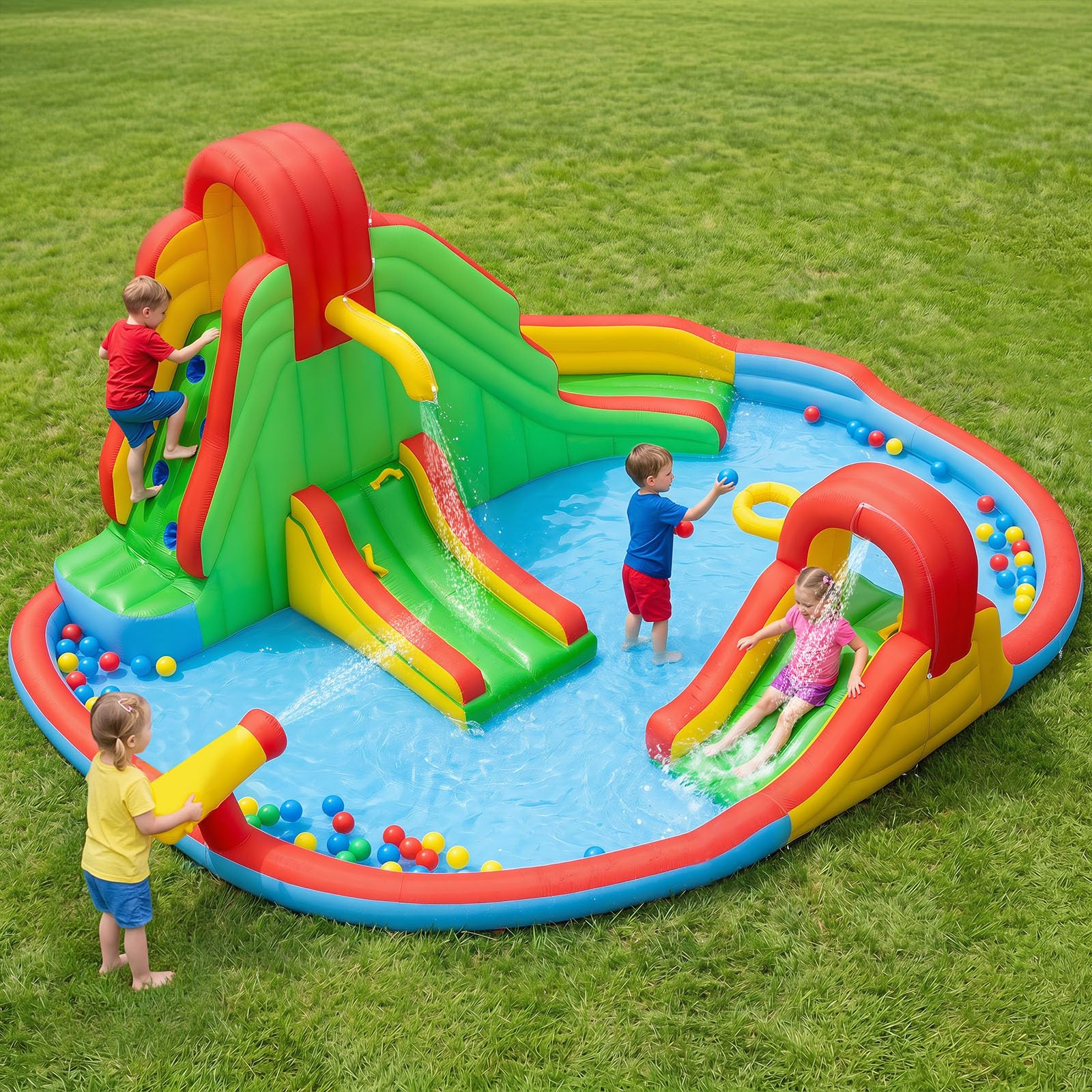 COSTWAY Castello Gonfiabile per Bambini 3-12 Anni, Grande Parco Acquatico di Giochi con Doppio Scivolo, Piscina, Parete da Arrampicata e Canestro da Basket, per Interno e Esterno