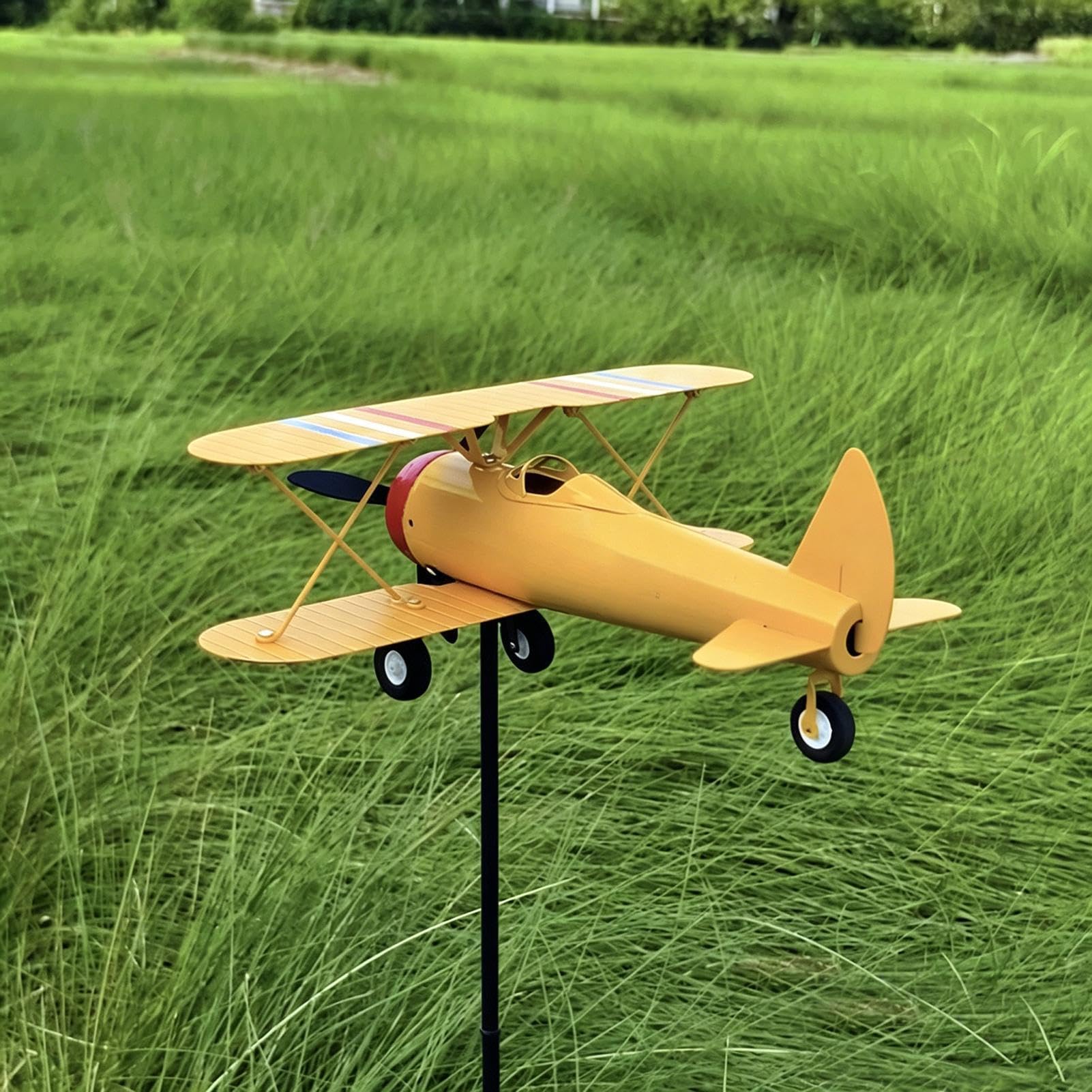 Segnavento aereo - Mulino metallico banderuola | aviaria girevole | Arredo esterno giardino, struttura resistente agenti atmosferici, design biplano epocale, indicatore direzione per prato