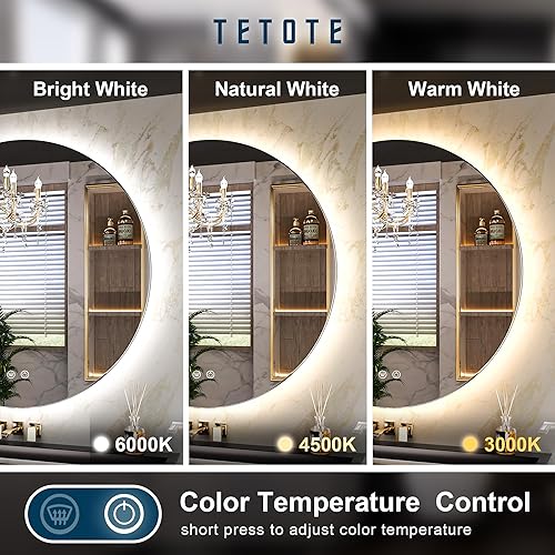 Miniatura 3 de TETOTE Espejo retroiluminado redondo de 36 pulgadas para baño, espejos redondos LED con luces, 3 colores regulables, espejo montado en la pared para