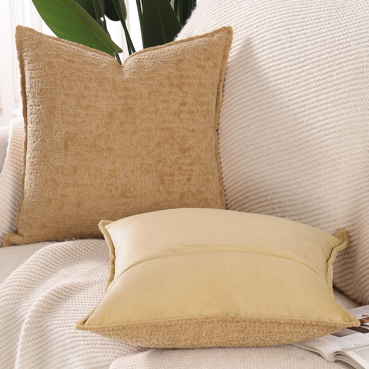 Madizz Pack of 2 Chenille Velvet Cushion Covers 40x40 cm Beige Soft Neutral Decorative Throw Pillow Covers Accent Boho Pillowcases for Couch Sofa Modern Farmhouse Home Decor - Image 2
