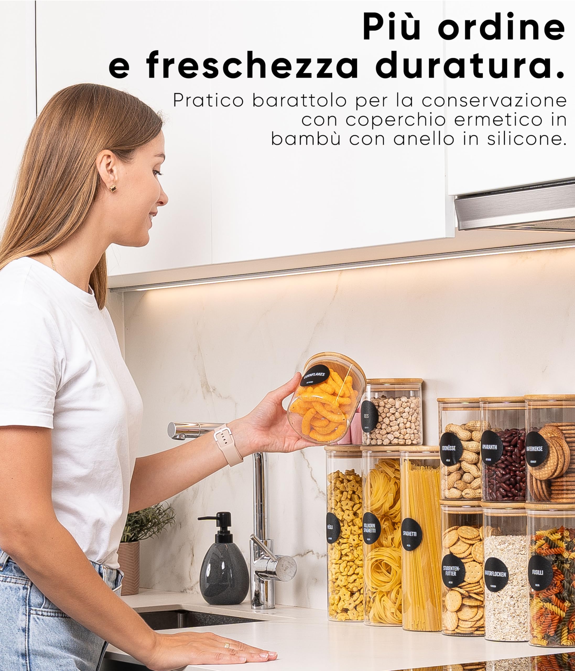 Deco haus Barattoli Vetro con Coperchio Legno Set di 8 [+ETICHETTE] - Contenitori Pasta Vetro - Contenitori Cucina - Porta pasta contenitore per Biscotti, Farina, Cereali, Spaghetti