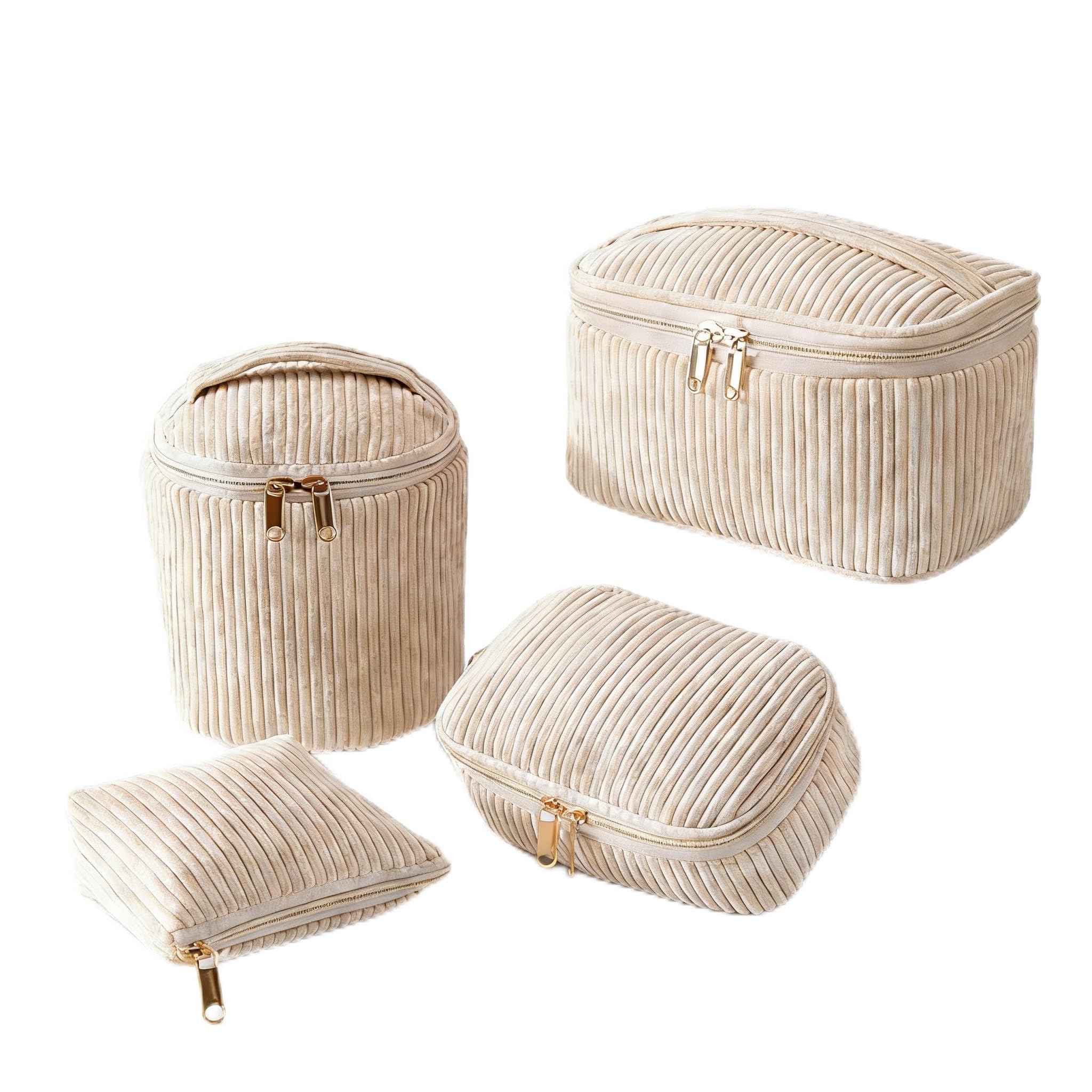 Trousse per cosmetici in velluto a coste, 4 pezzi, organizer per trucchi, borsa da viaggio portatile a righe con cerniera in metallo, taglie grandi, medie e piccole, per donne, scuola, regalo