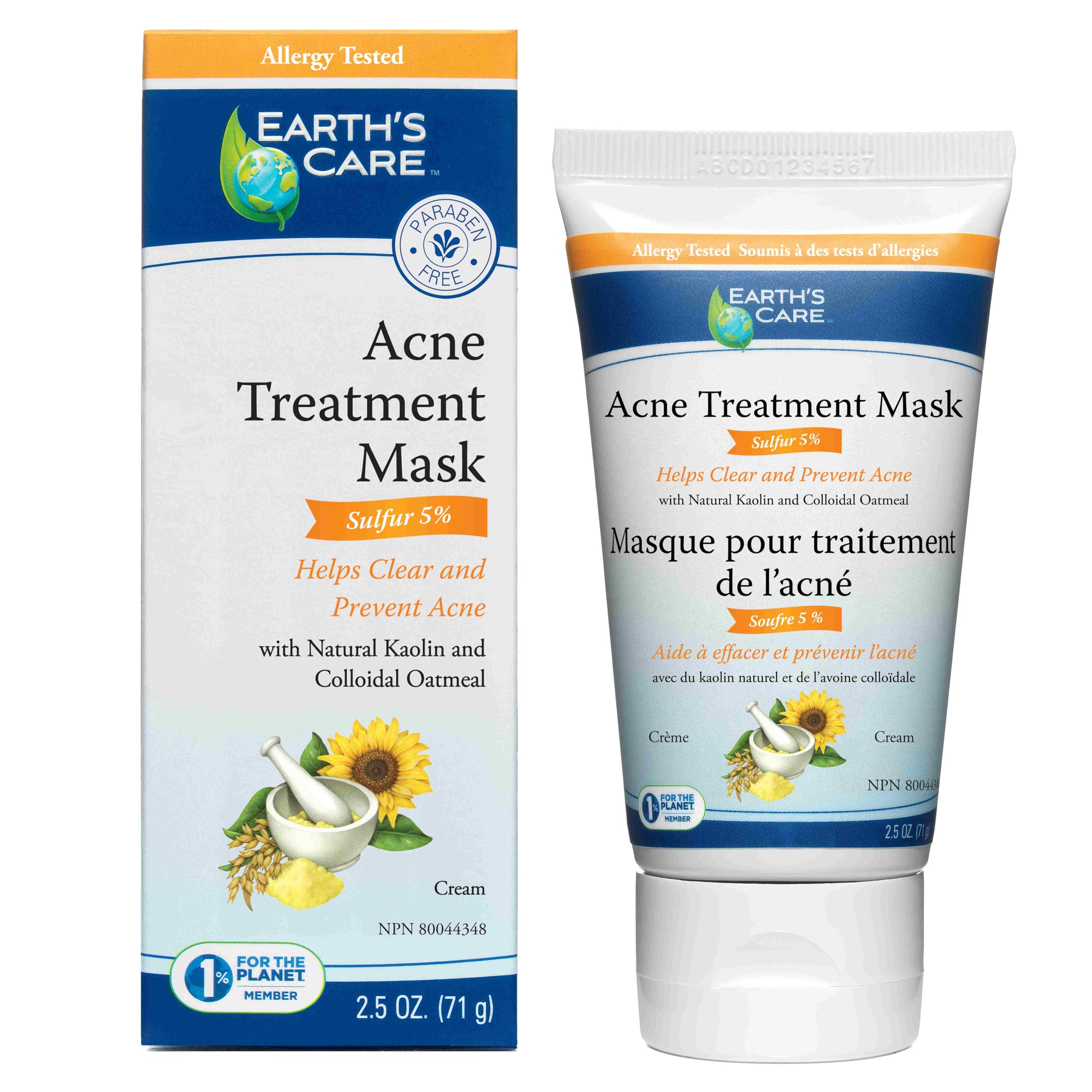 Earth's Care Acne Treatment Mask - 5% Sulfur Cystic Acne Treatment - Acne Medicine for Face Pimples and Blackheads (Tube 2.5 OZ)